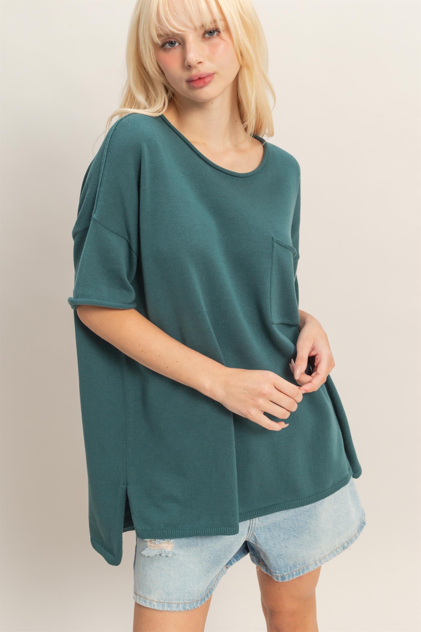 Wholesale Oversized Short Sleeve Round Neck Pocket Knit Top Clothing Tops DZ26A691 DARK TEAL DOUBLE ZERO