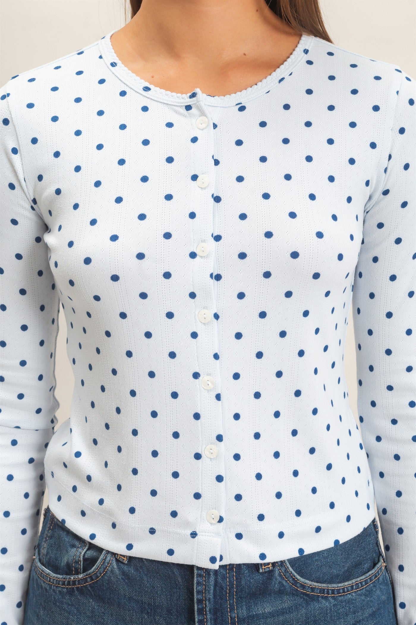 Wholesale Polka Dot Button Front Long Sleeve Top Clothing Tops DZ27A156 LIGHT BLUE DOUBLE ZERO