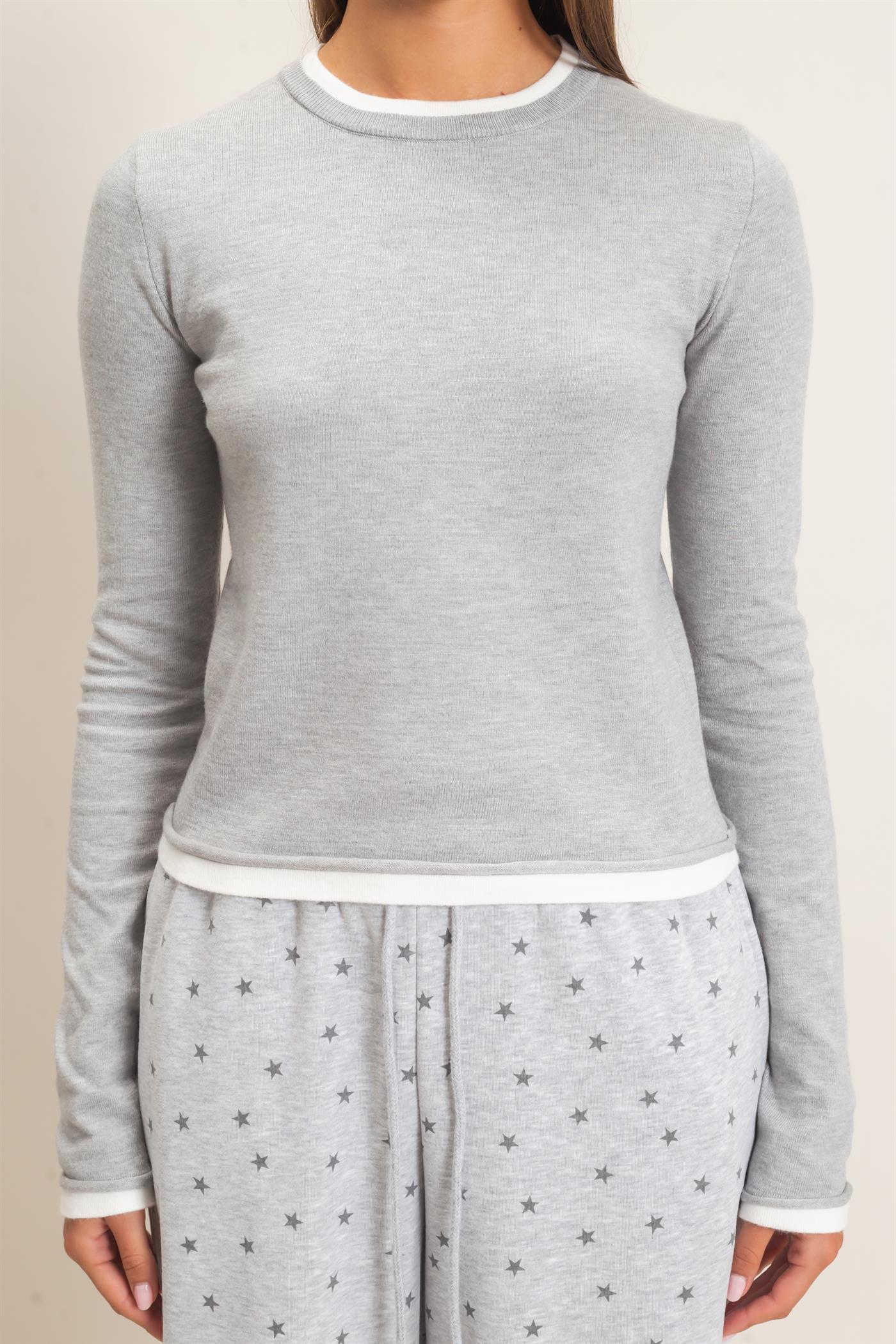 Wholesale Layer Effect Long Sleeve Knit Top Clothing Tops DZ26F394 HEATHER GRAY DOUBLE ZERO