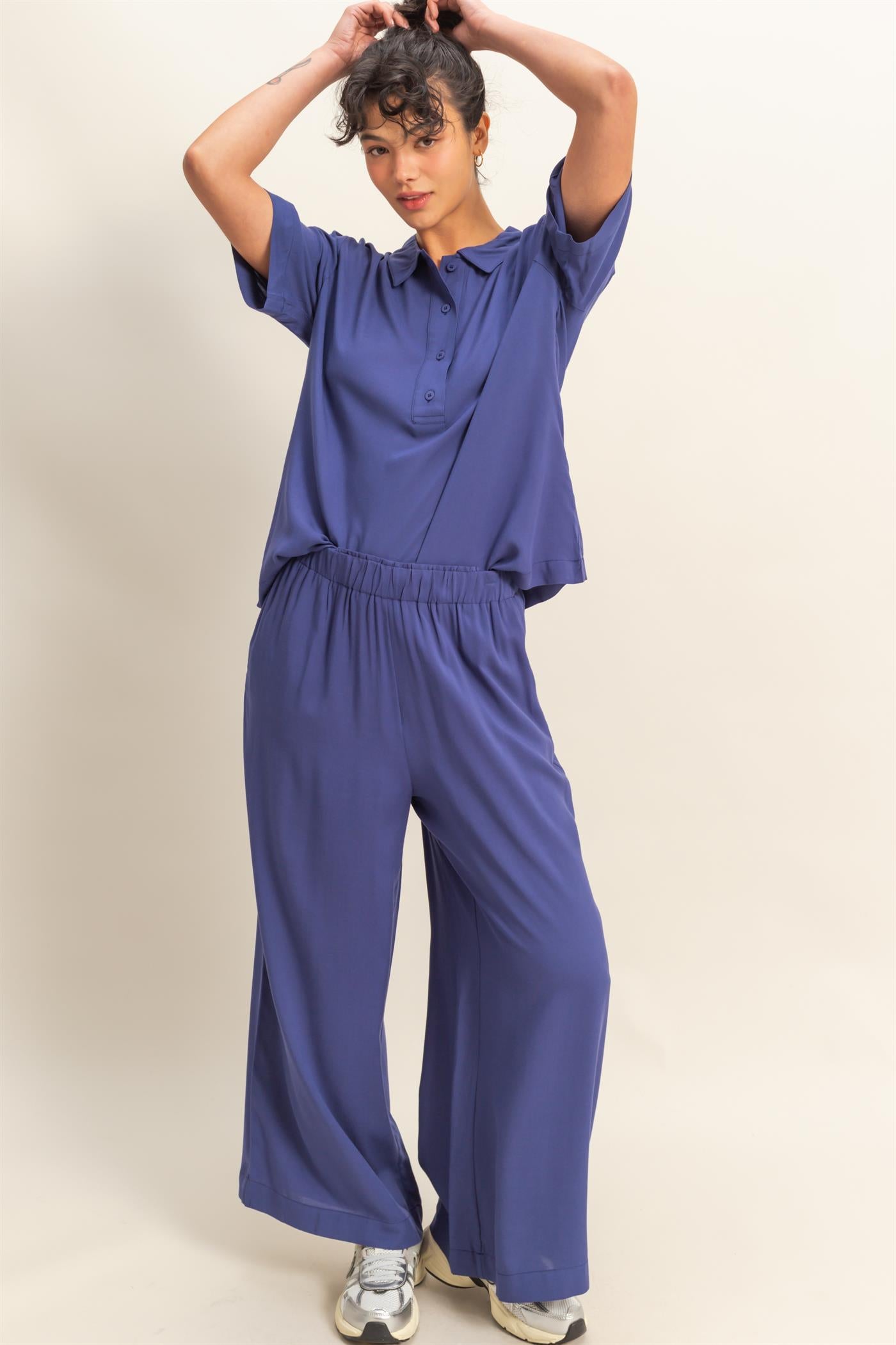 Wholesale High Waist Woven Wide Leg Pants Pants DZ25C192 DUSTY INDIGO DOUBLE ZERO