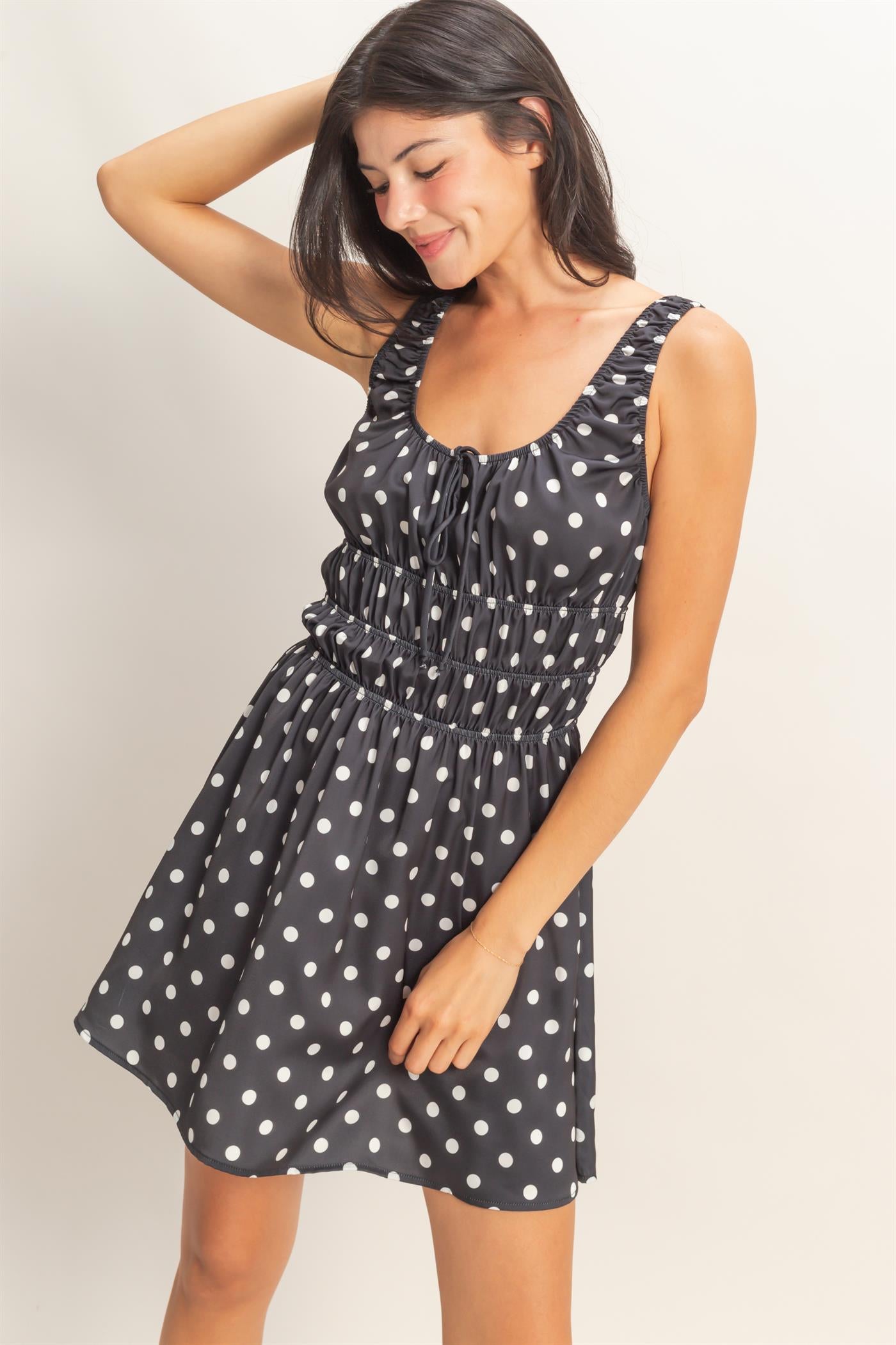 Wholesale Satin Polka Dot Mini Dress With Tie Dresses DZ25E064 BLACK DOUBLE ZERO