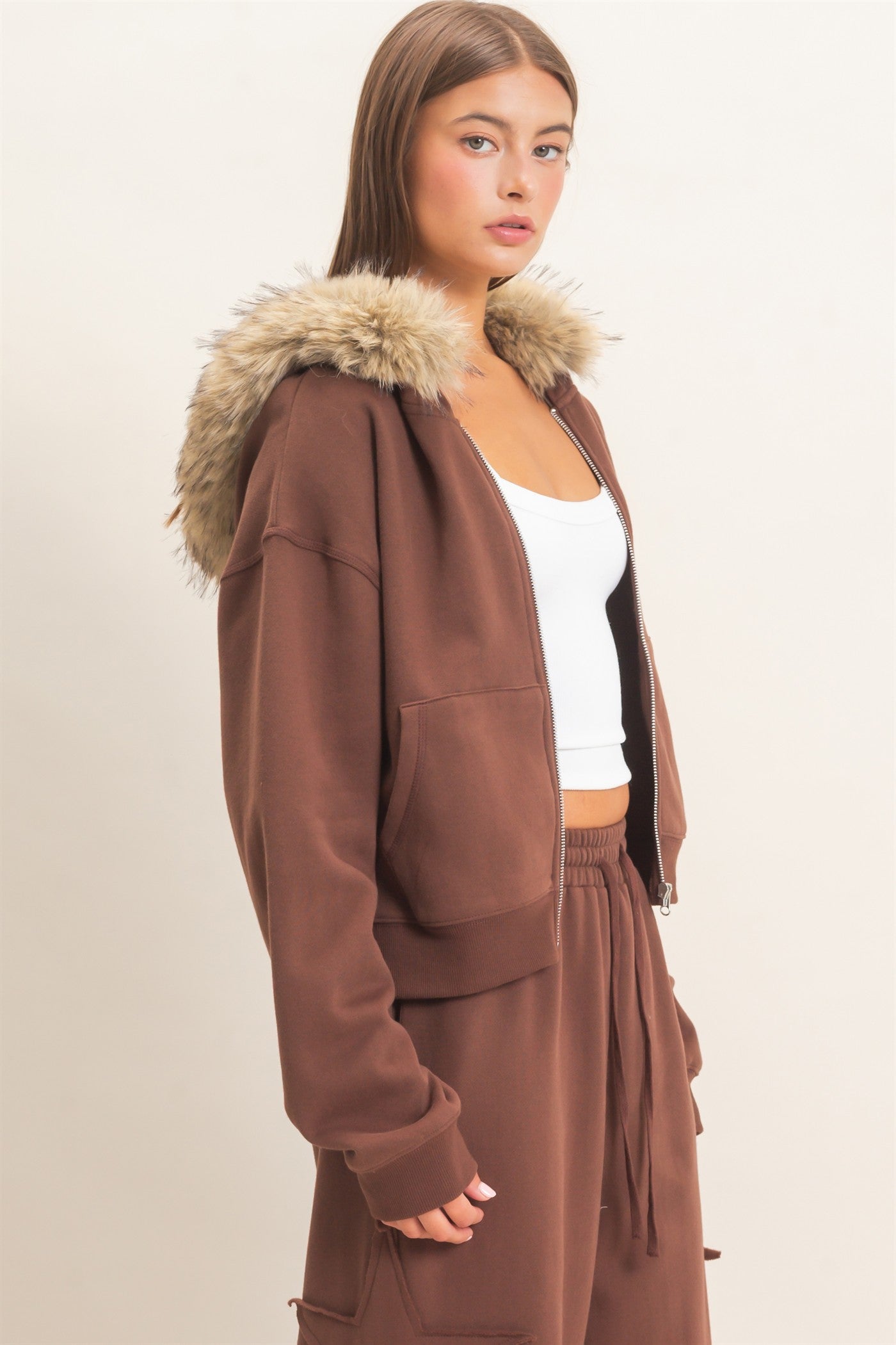 Wholesale Detachable Fur Zip Up Hoodie Hoodies DZ26F396 DARK BROWN DOUBLE ZERO