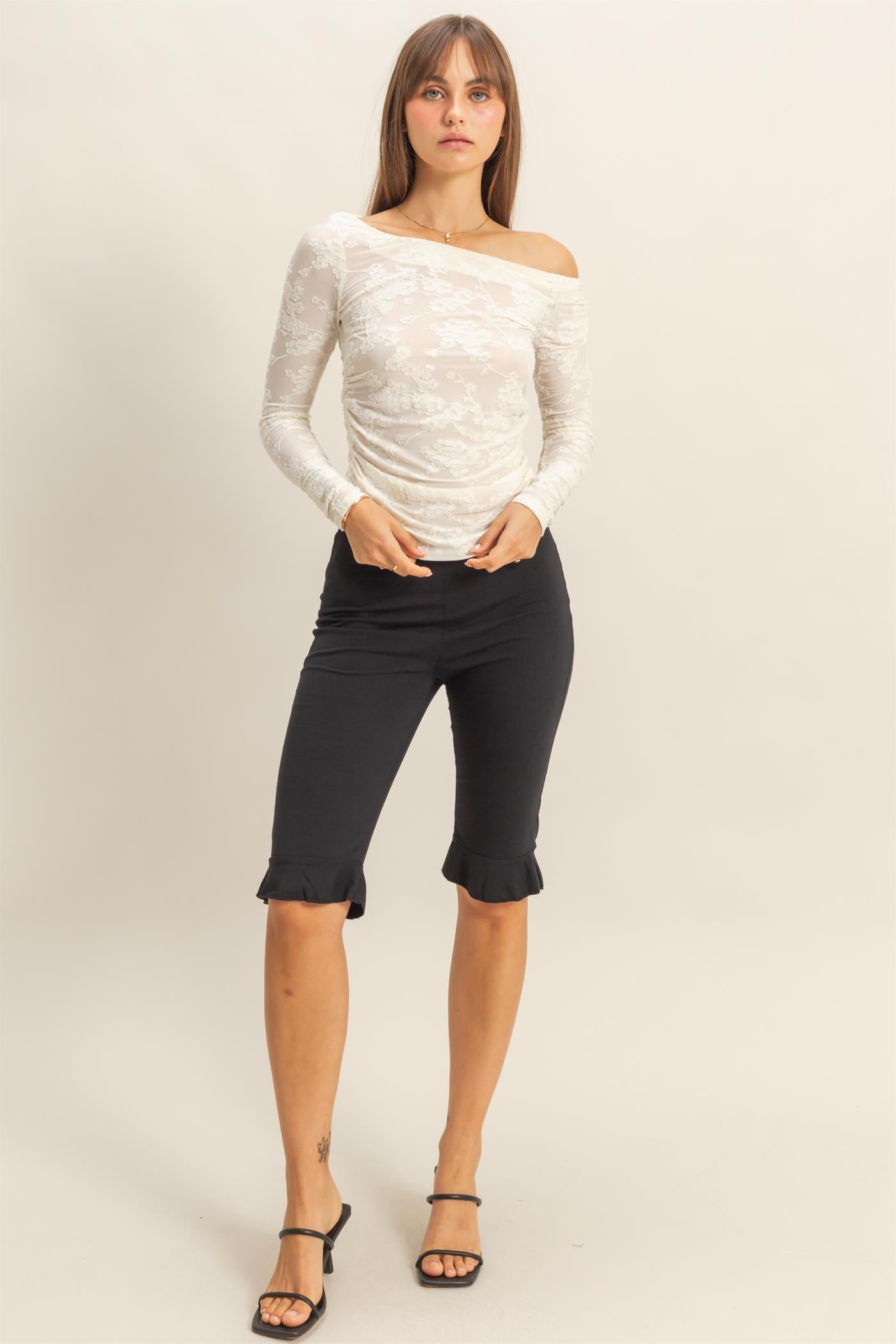 Wholesale Textured Mesh Off-Shoulder Top Blouses HF26F043 IVORY HYFVE