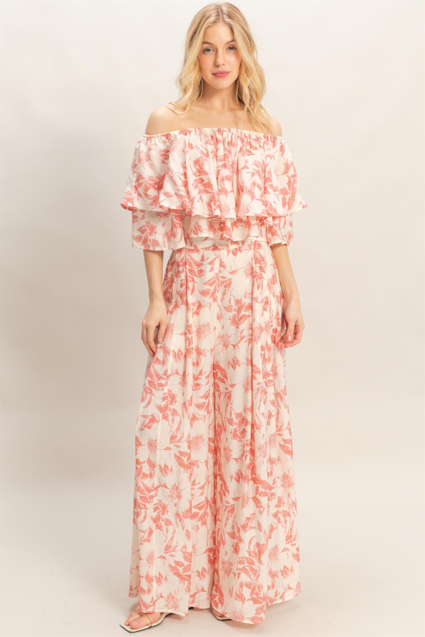 Wholesale Floral Off-Shoulder Top & Pants Set Clothing Tops HF26C832-SET CORAL HYFVE