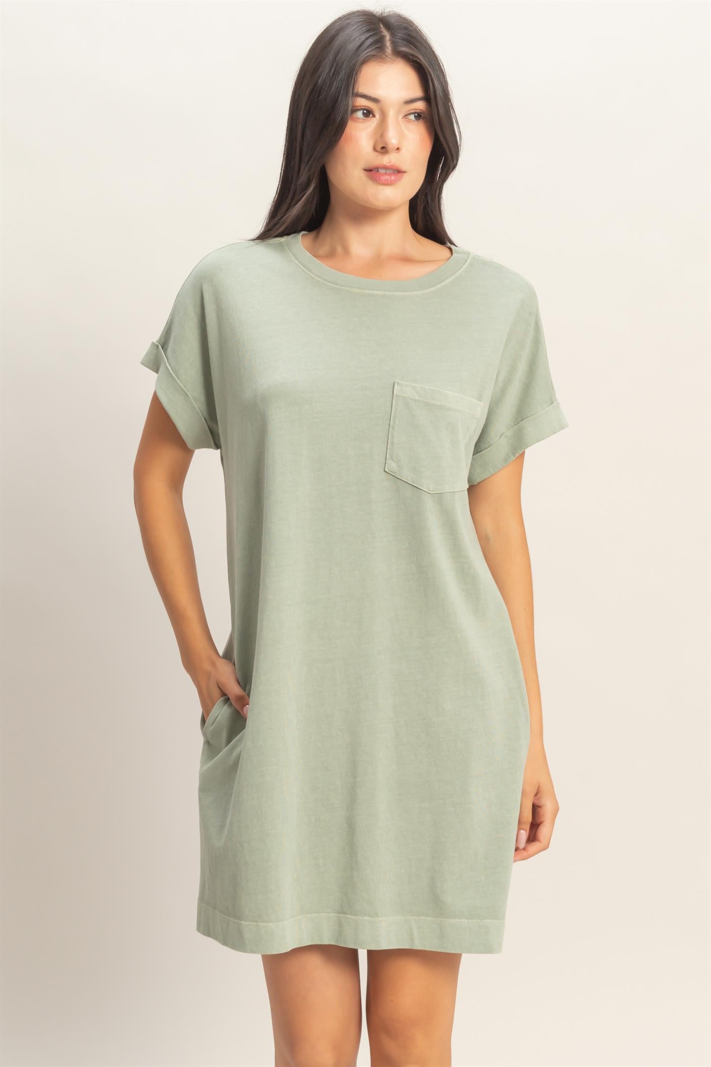 Wholesale Round Neck T-Shirt Mini Dress Dresses DZ26A029 SAGE GREEN DOUBLE ZERO