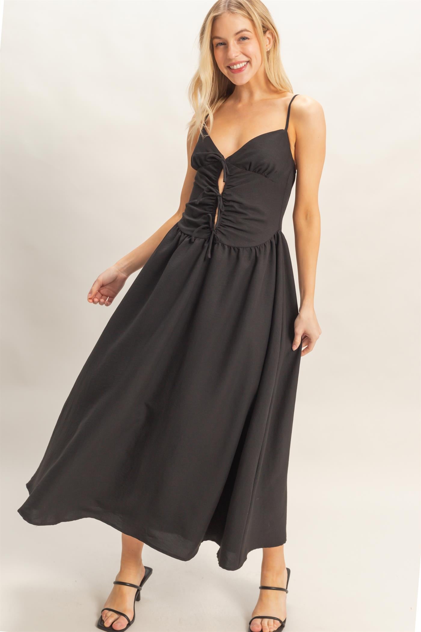 Wholesale Spaghetti Strap Ruched Dress Dresses HF26A011 BLACK HYFVE