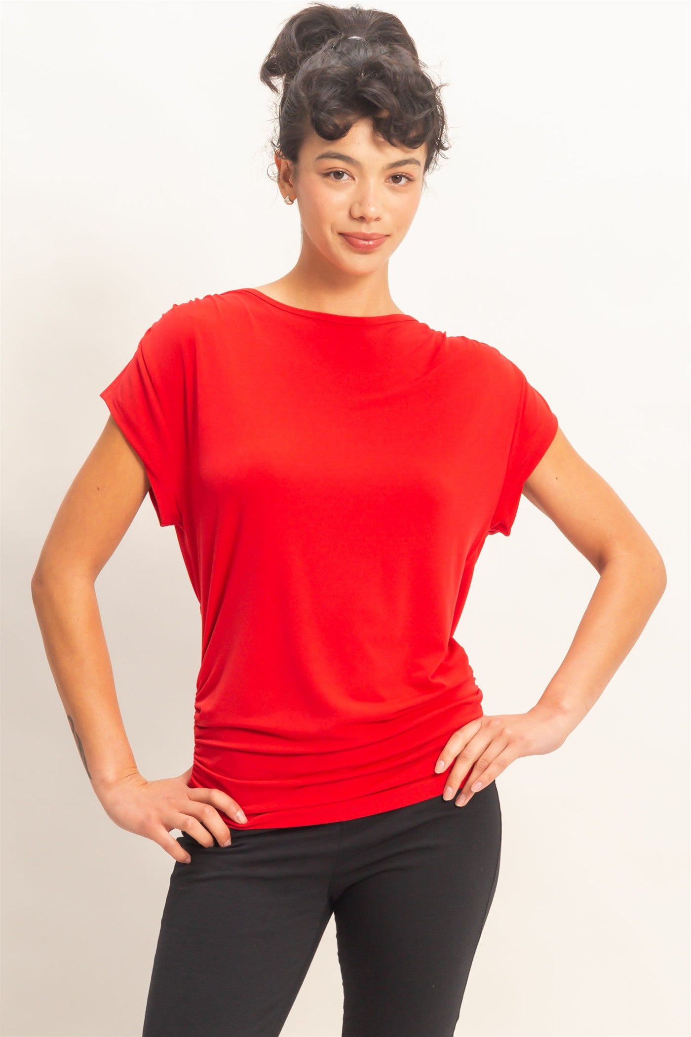 Wholesale Cowl Back Draped Cap Sleeve Top Clothing Tops DZ26C025 RED DOUBLE ZERO