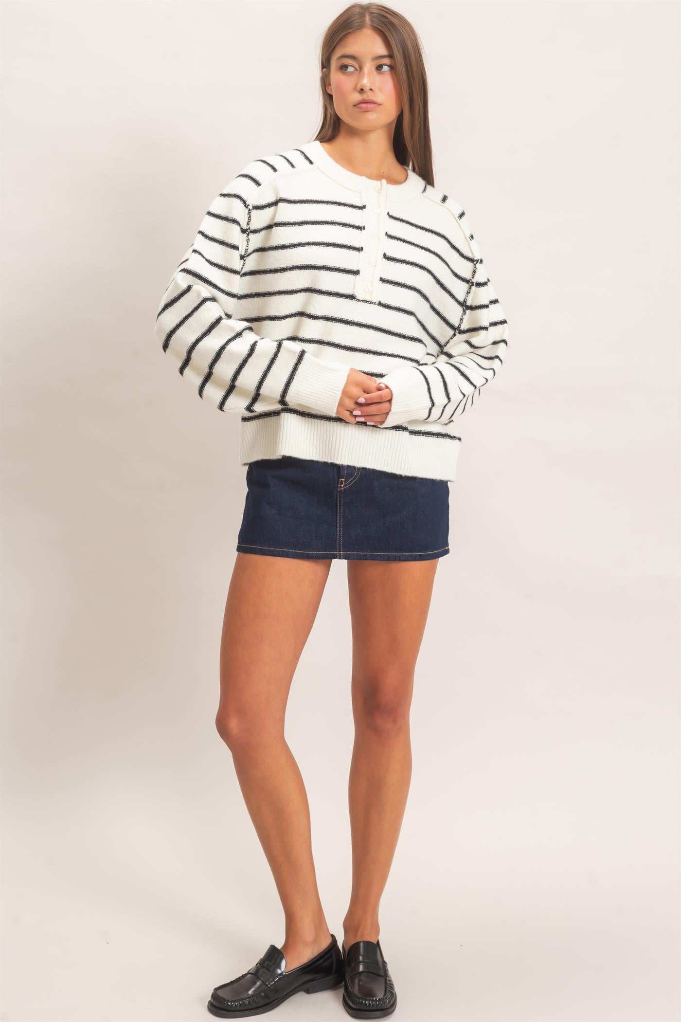 Wholesale Stripe Henley Sweater Sweaters DZ26F002 CREAM DOUBLE ZERO