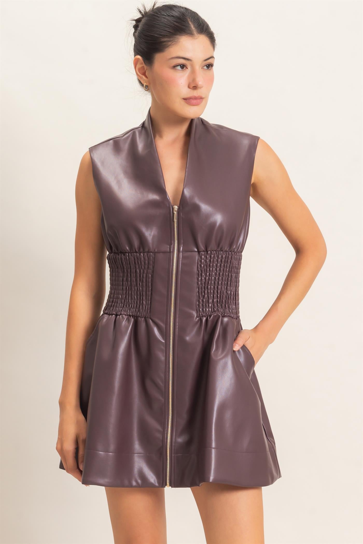 Wholesale Faux Leather Zip Front Dress Dresses HF26E364 DARK CHERRY HYFVE