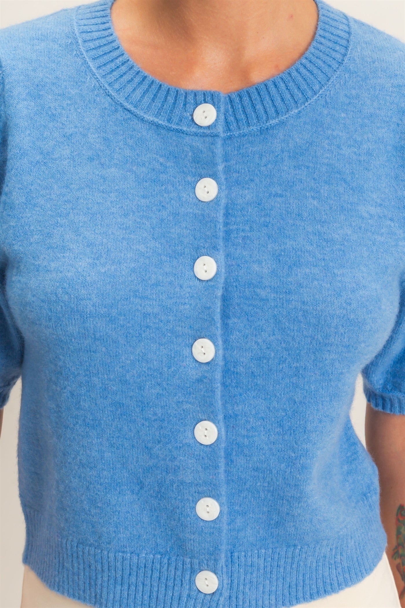 Wholesale Button Front Puff Short Sleeve Cardigan Cardigans DZ26C960 BLUE DOUBLE ZERO