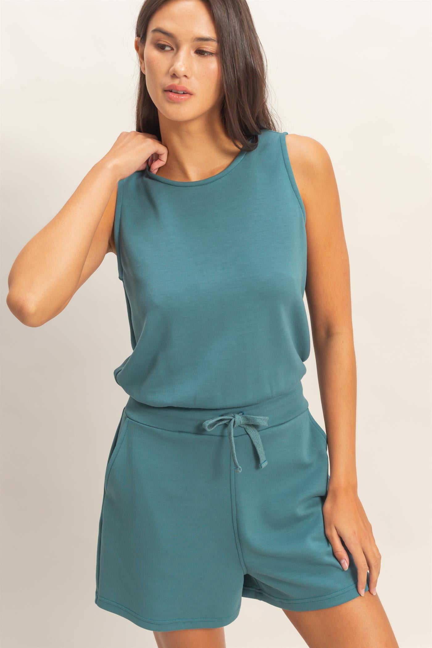 Wholesale Drawstring Waist Sleeveless Romper Clothing DZ26C732 DARK TEAL DOUBLE ZERO