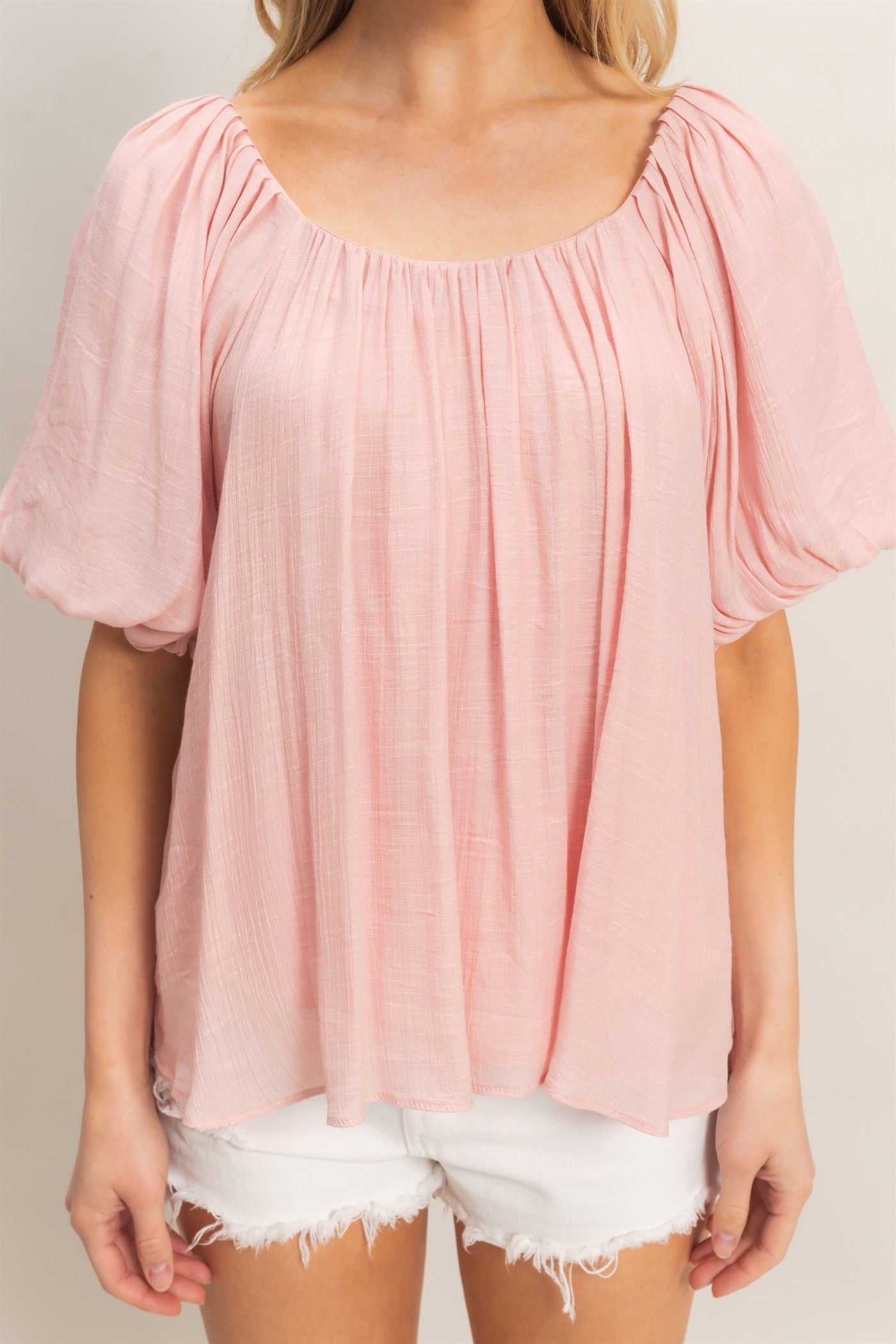 Wholesale Gathered Puff Sleeve Blouse Blouses HF26C307 BLUSH HYFVE
