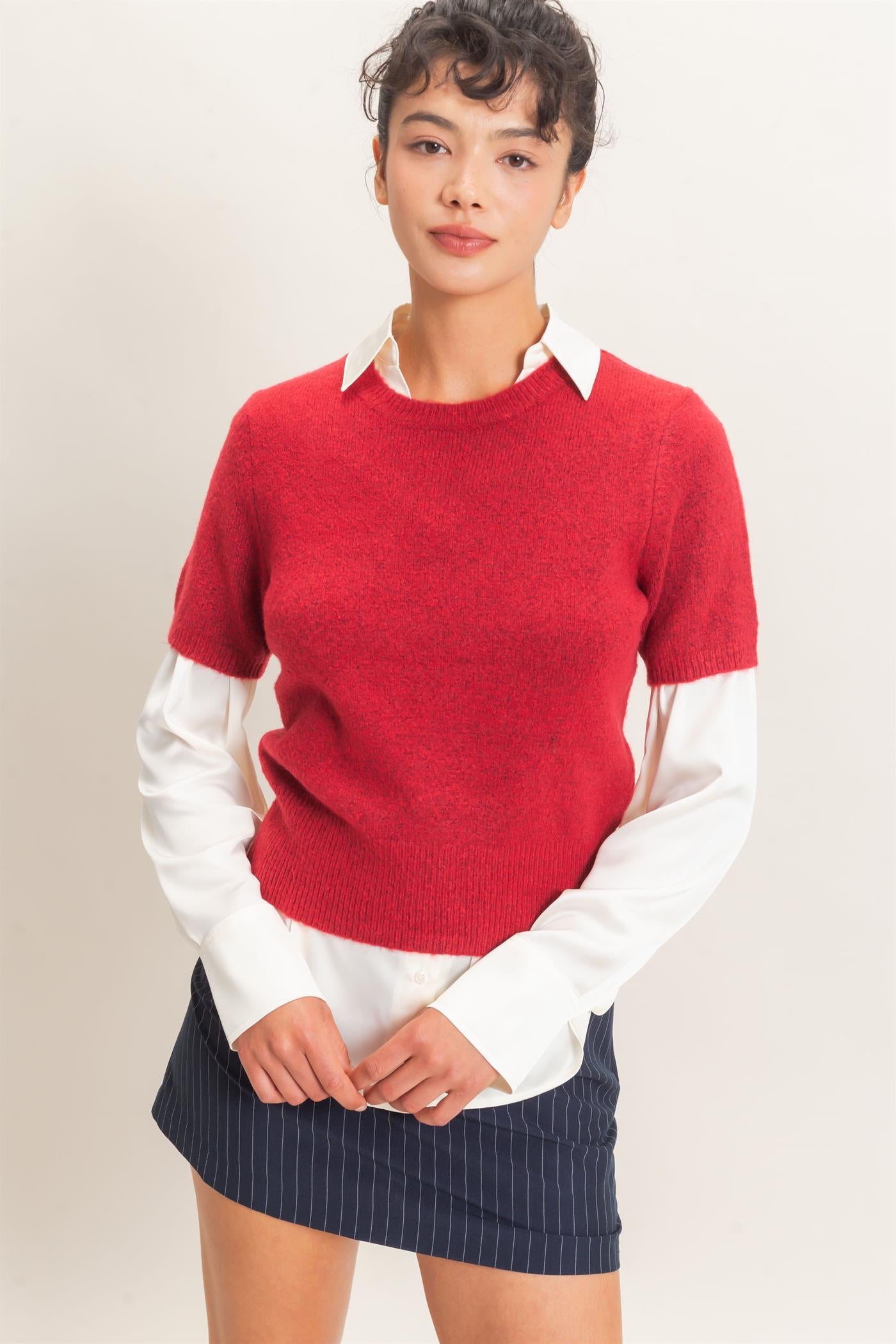 Wholesale Crew Neck Short Sleeve Knit Top Clothing Tops DZ26E944 DARK RED DOUBLE ZERO