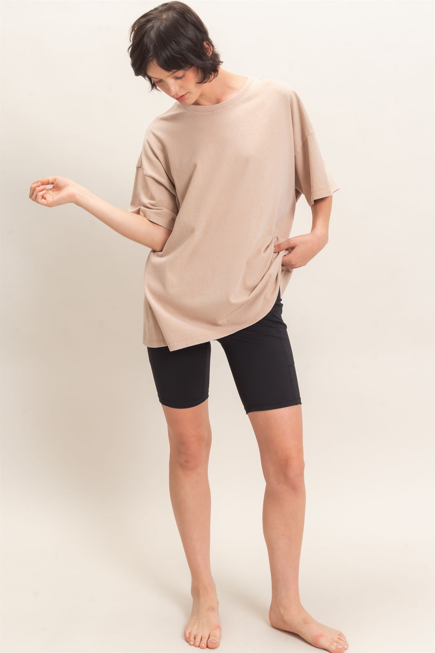 Wholesale Mineral Wash Oversized Crew Neck T-Shirts Clothing Tops DZ26C961 DARK TAUPE DOUBLE ZERO