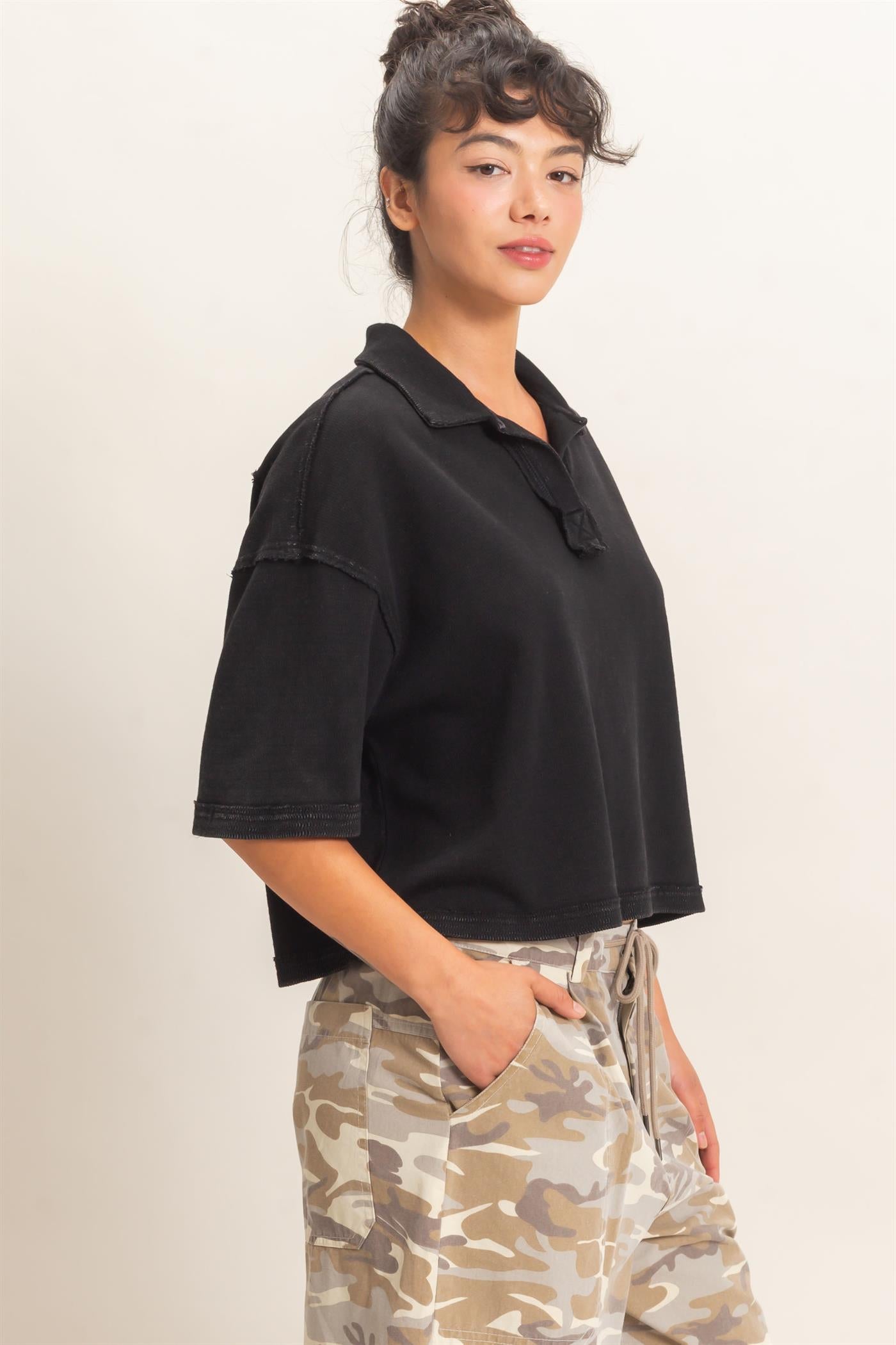 Wholesale Mineral Wash Oversized Collar Short Sleeve Top Clothing Tops DZ26E813 BLACK DOUBLE ZERO