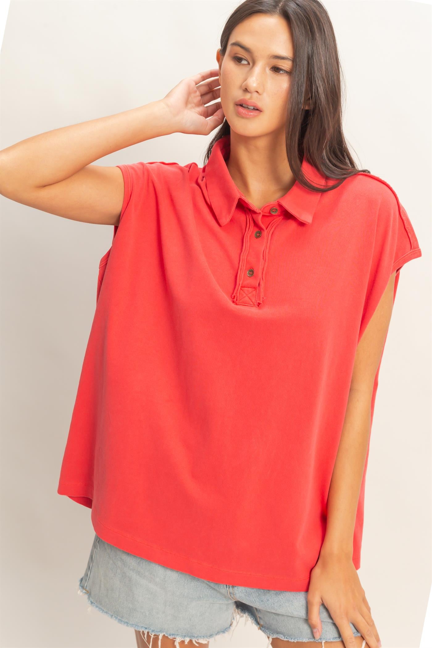 Wholesale Pigment Dye Sleeveless Polo Oversized Top Clothing Tops DZ26C618 RED DOUBLE ZERO