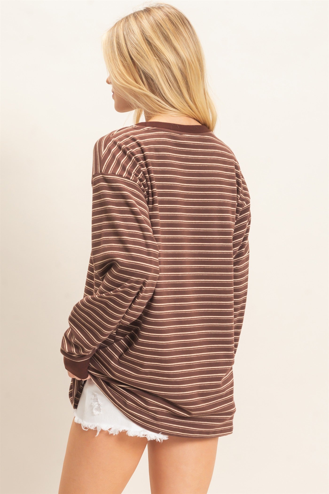 Wholesale Striped Long Sleeve Crew Neck Top Clothing Tops HF26C676 BROWN HYFVE
