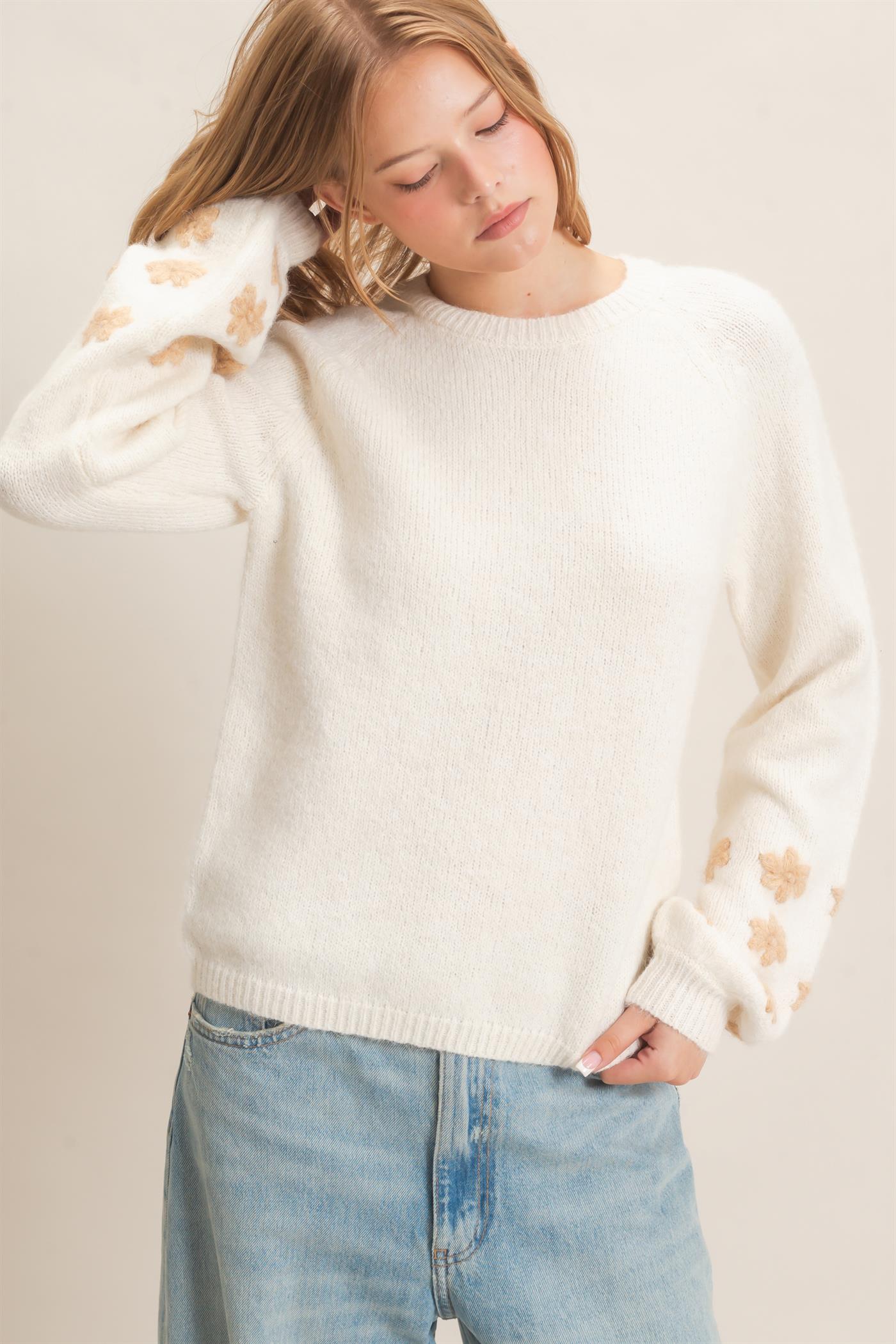 Wholesale Floral Applique Raglan Sleeve Sweater Sweaters HF26E808 CREAM HYFVE