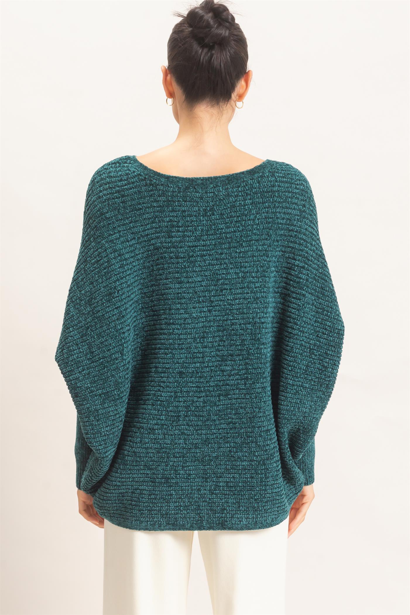 Wholesale Chenille Boat Neck Dolman Sleeve Sweater Sweaters HF26F185 D.GREEN HYFVE