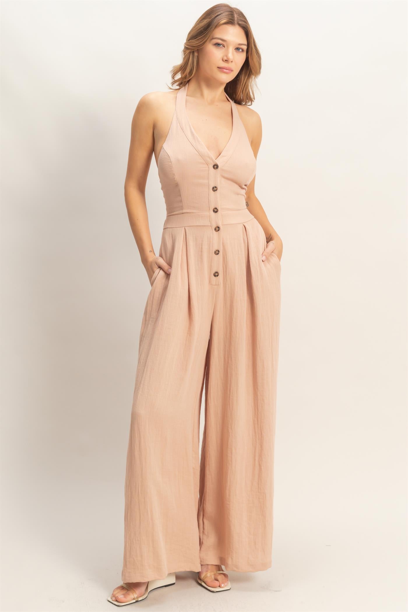 Wholesale Halter Button-Front Jumpsuit Clothing HF26A615-D PEACH BLUSH HYFVE