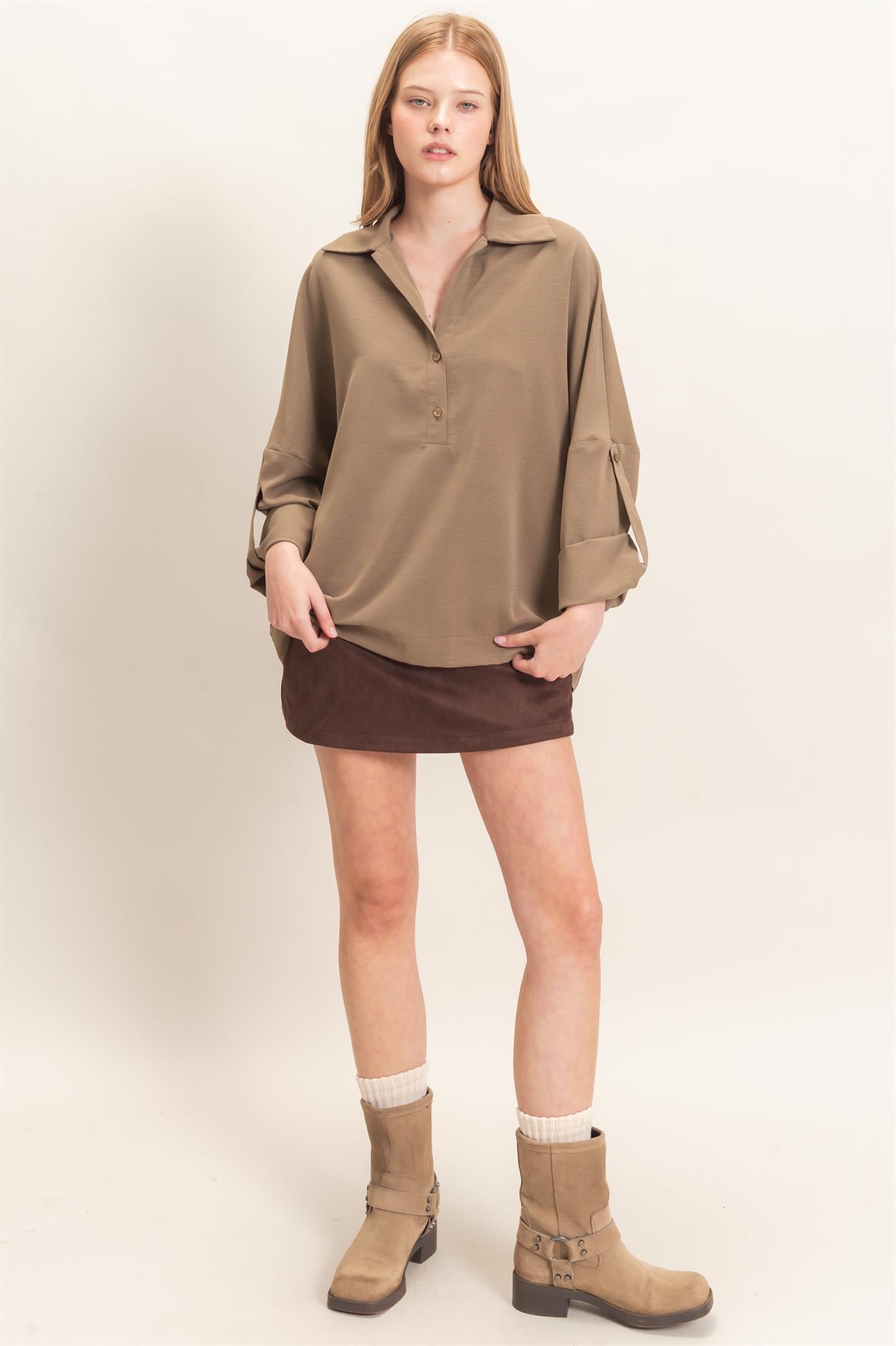 Wholesale Buttoned Collar Split Sleeve Top Clothing Tops HF26F071 OLIVE HYFVE