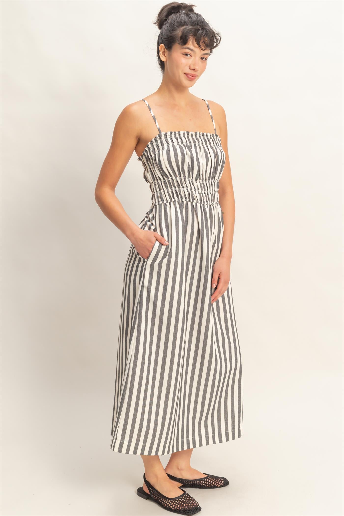 Wholesale Striped Spaghetti Strap Smocking Midi Dress Dresses DZ26C191 BLACK DOUBLE ZERO