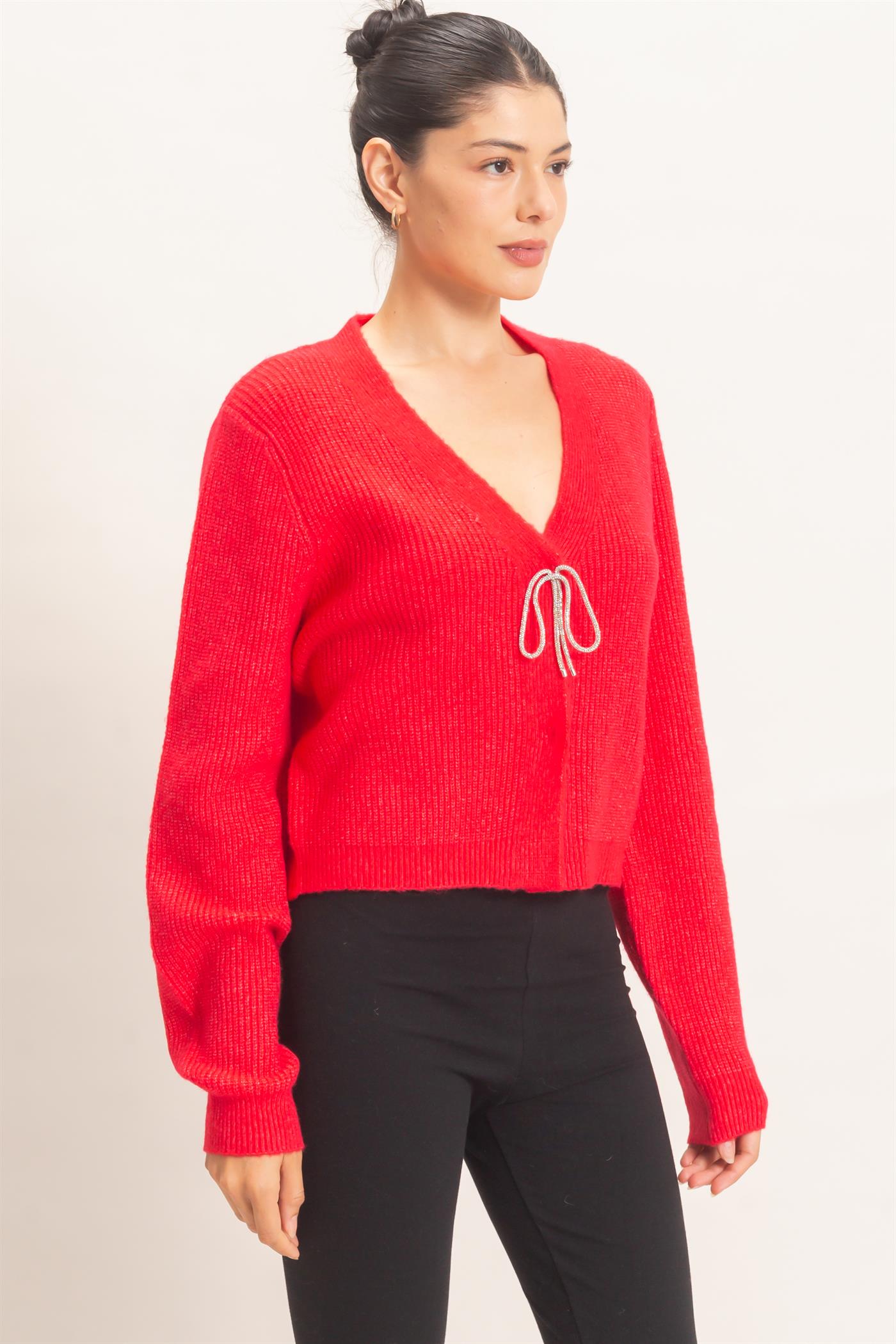 Wholesale Rhinestone Bow Tie-Front Sweater Cardigans HF26F183-D RED HYFVE
