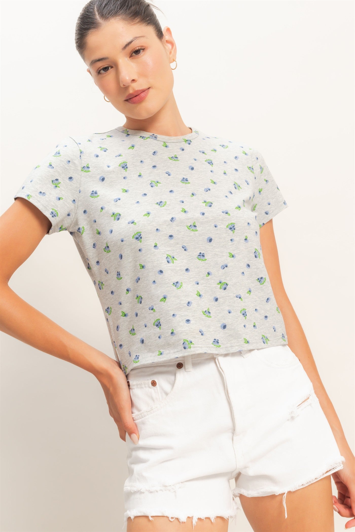 Wholesale Blueberry Print Crew Neck Tee Clothing Tops HF26C787 HEATHER GRAY HYFVE