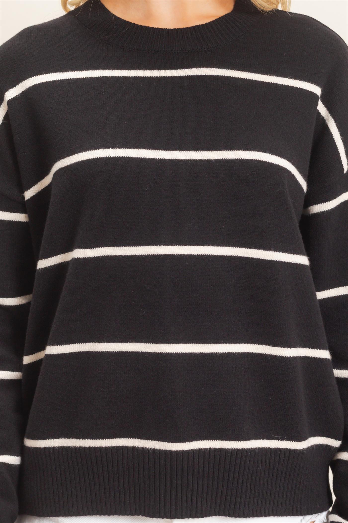 Wholesale Striped Ribbed Crew Neck Sweater Sweaters HF26F169 BLACK HYFVE