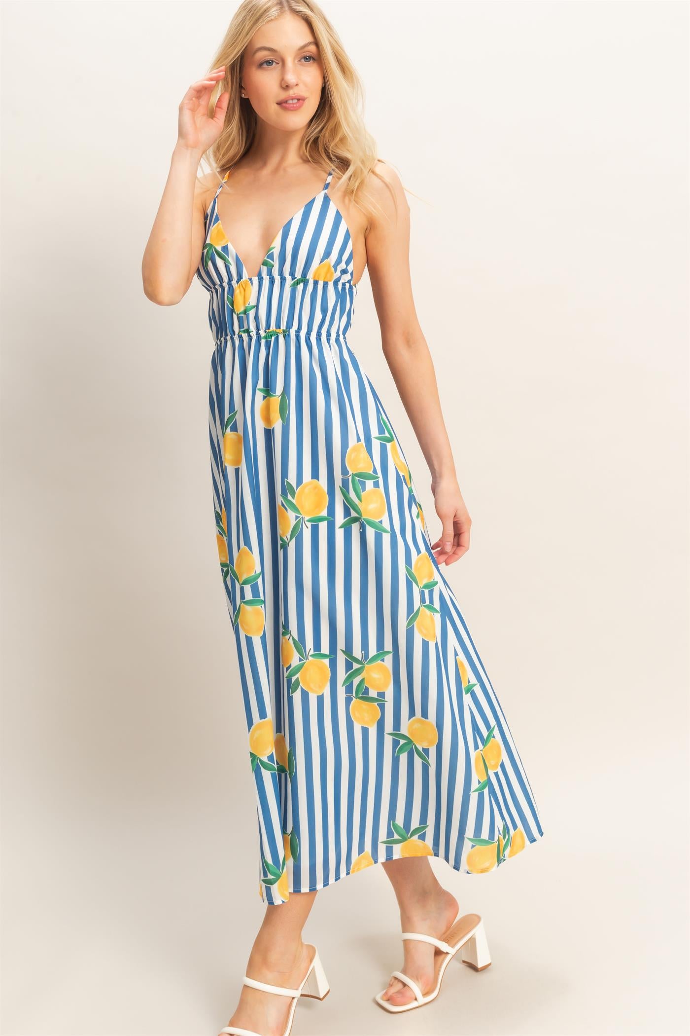 Wholesale Striped Lemon Print Midi Dress Dresses HF26C269 BLUE HYFVE