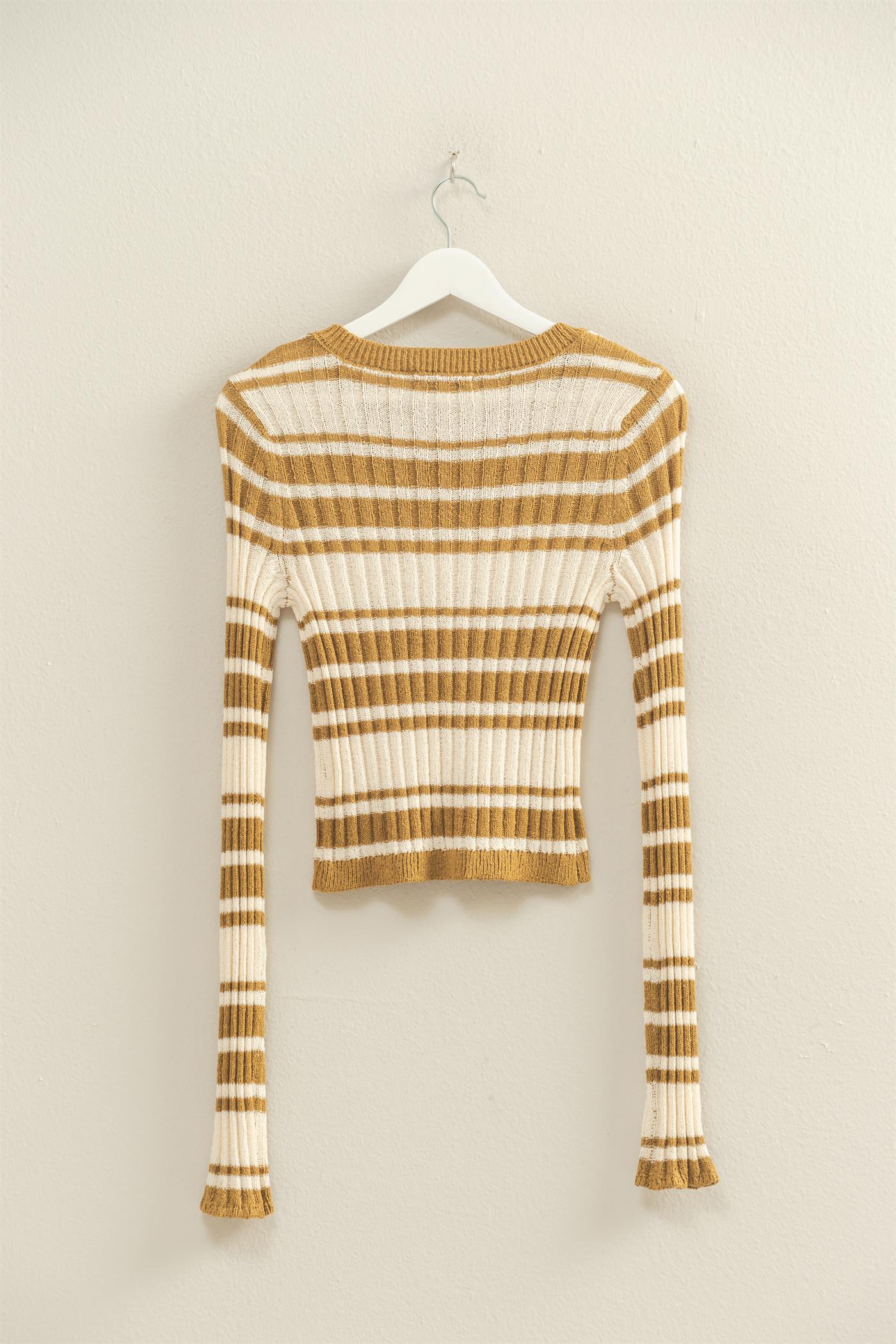 Wholesale Horizontal Striped Crew Neck Sweater Clothing Tops HF25E811 OLIVE HYFVE