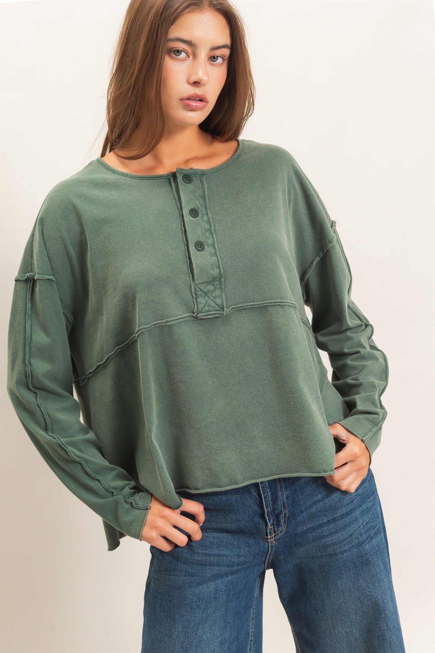 Wholesale Oversized Henley Top With Raw Edges Clothing Tops DZ26F128 DARK GREEN DOUBLE ZERO