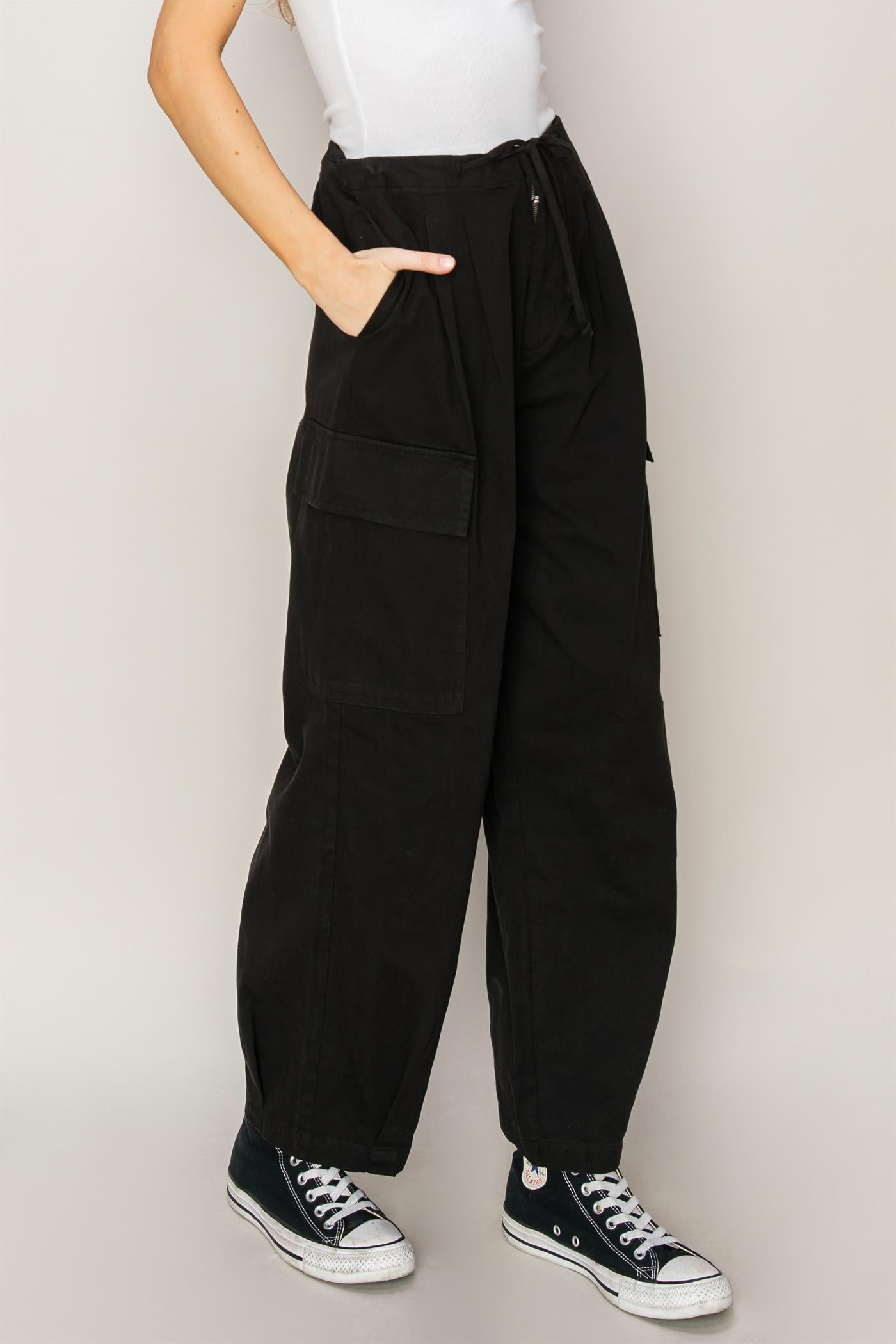 Wholesale High Waist Drawstring Cargo Pants Pants DZ24A650 BLACK DOUBLE ZERO