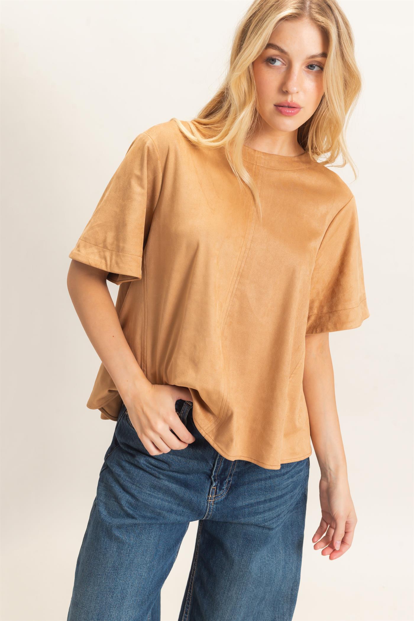 Wholesale Suede Boat Neck Top Clothing Tops HF26E351 CAMEL HYFVE