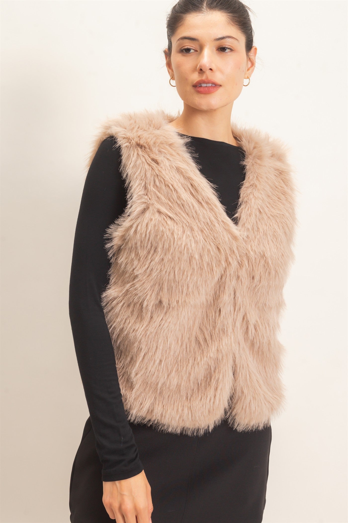 Wholesale Open-Front Faux Fur Vest Vests HF26F164 TAUPE HYFVE