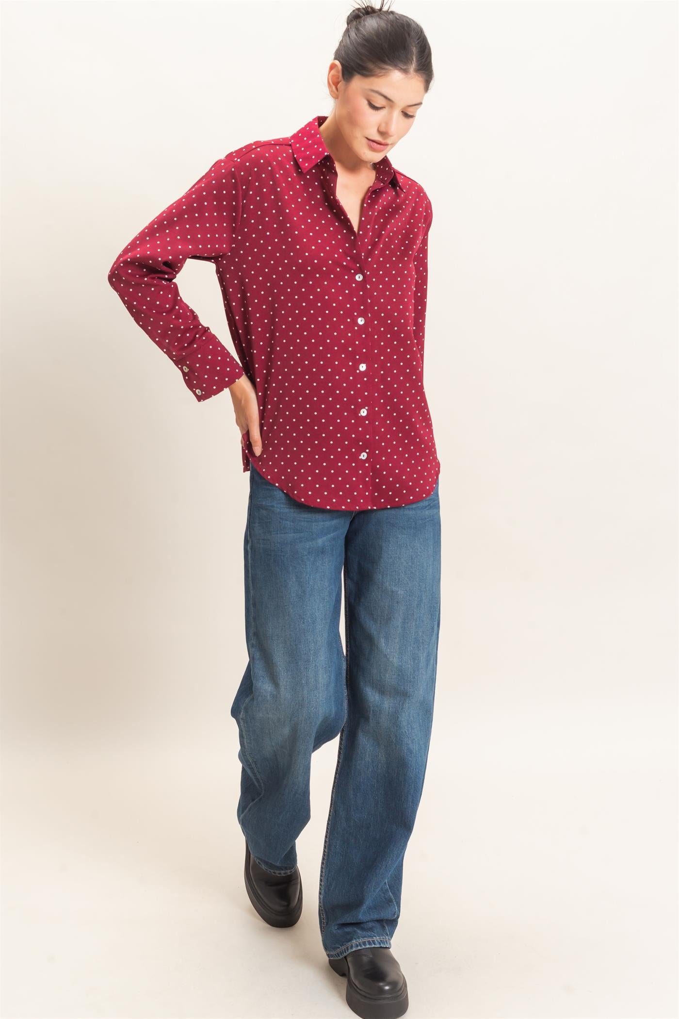 Wholesale Button-Up Polka Dot Shirt Shirts HF26F401 BURGUNDY HYFVE