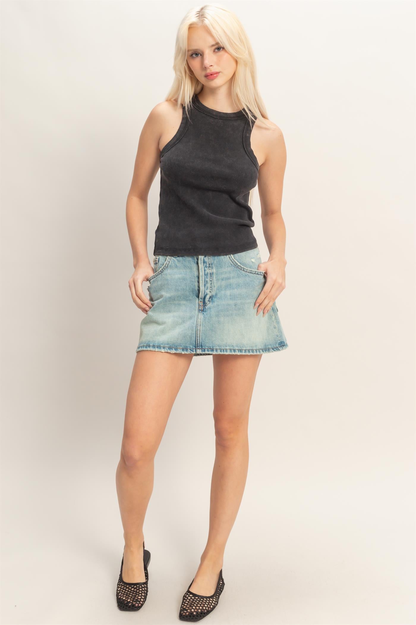 Wholesale Acid Washed Ribbed Tank Top Tank Tops DZ26A336 BLACK DOUBLE ZERO