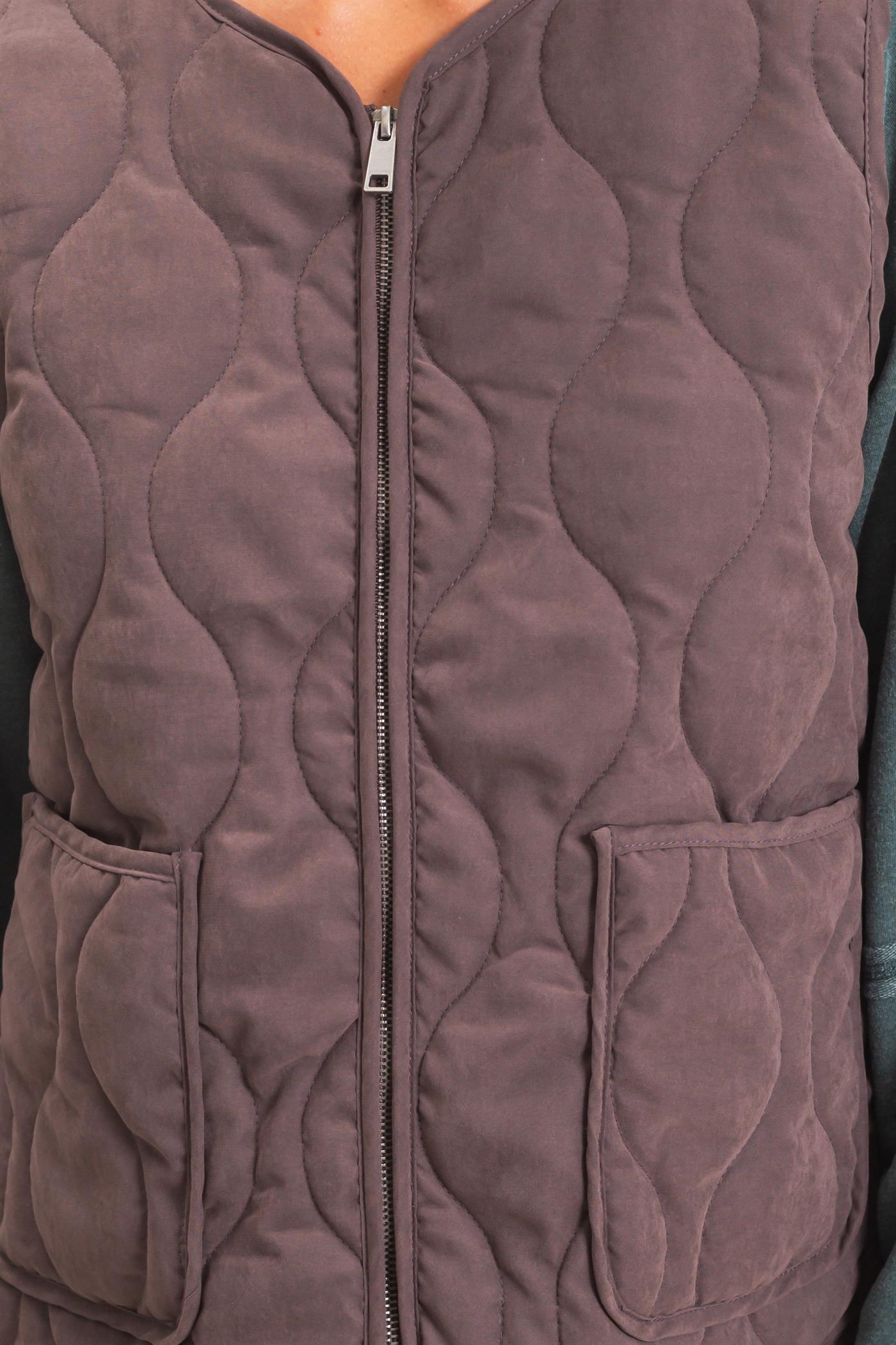 Wholesale Quilted Vest With Pockets Vests DZ26F336 DARK BROWN DOUBLE ZERO