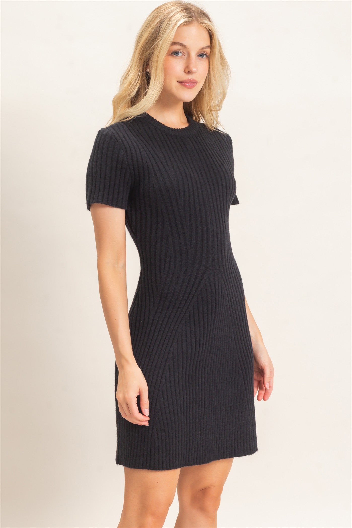 Wholesale Ribbed Crew Neck Dress Dresses HF26C989 BLACK HYFVE