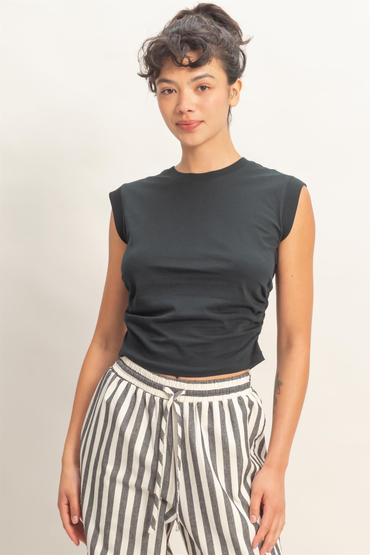 Wholesale Ruched Waist Sleeveless Cotton Top Clothing Tops DZ26C520 BLACK DOUBLE ZERO