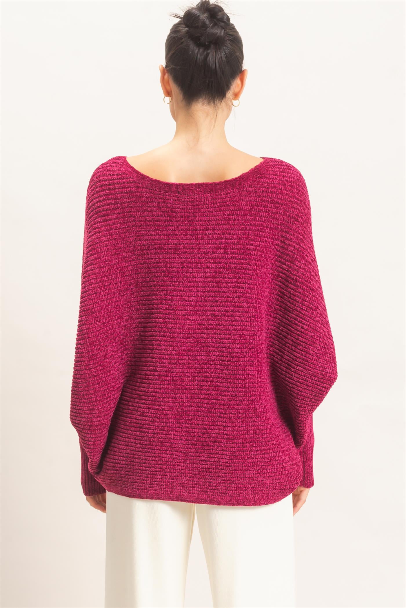 Wholesale Chenille Boat Neck Dolman Sleeve Sweater Sweaters HF26F185 BURGUNDY HYFVE