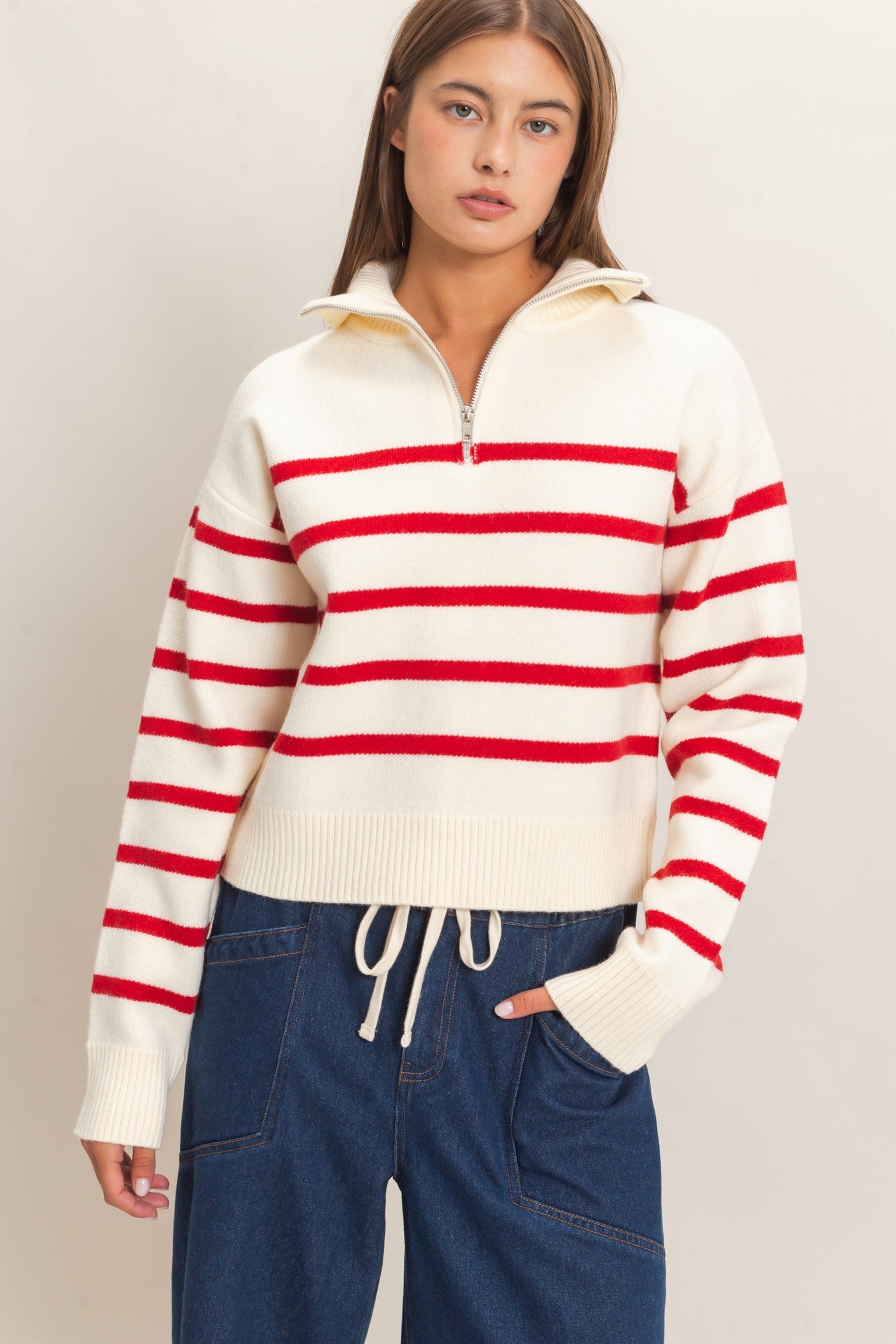 Wholesale Half-Zip Collared Stripe Sweater Sweaters DZ26E950 RED DOUBLE ZERO