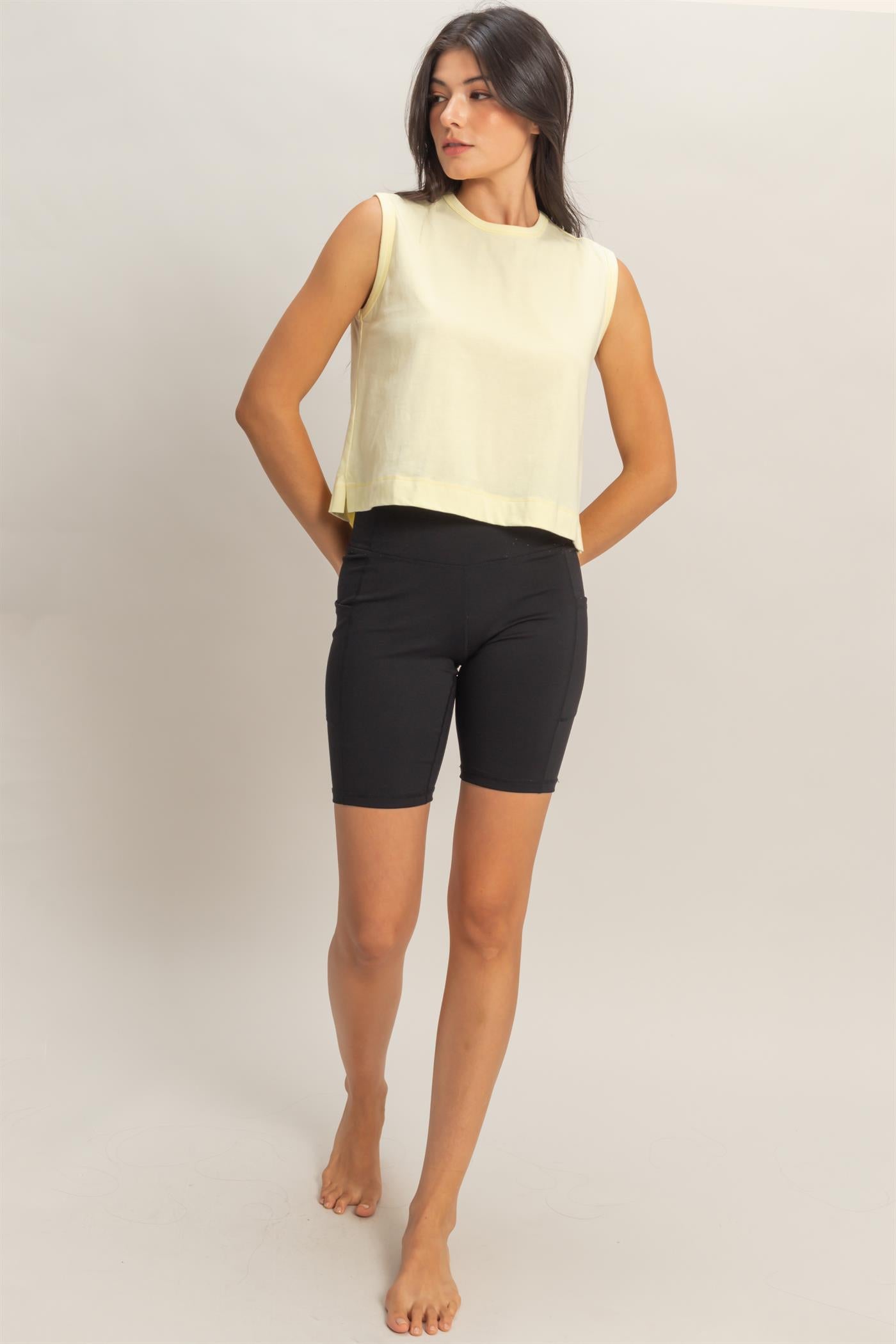 Wholesale Sleeveless Crew Neck Top With Back Pleats Clothing Tops DZ26A999 PALE YELLOW DOUBLE ZERO