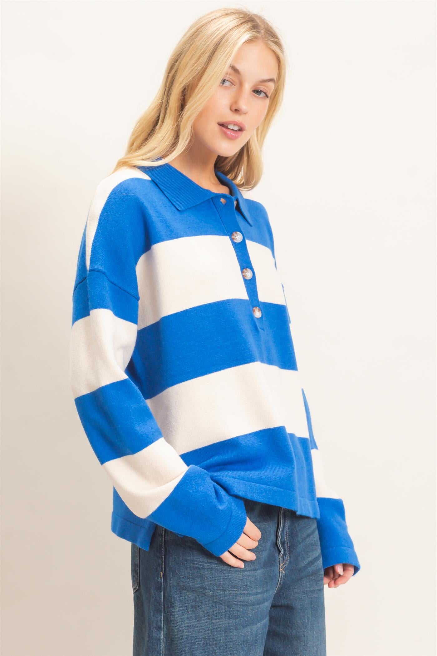 Wholesale Striped Button-Up Sweater Sweaters HF26F198 BLUE HYFVE