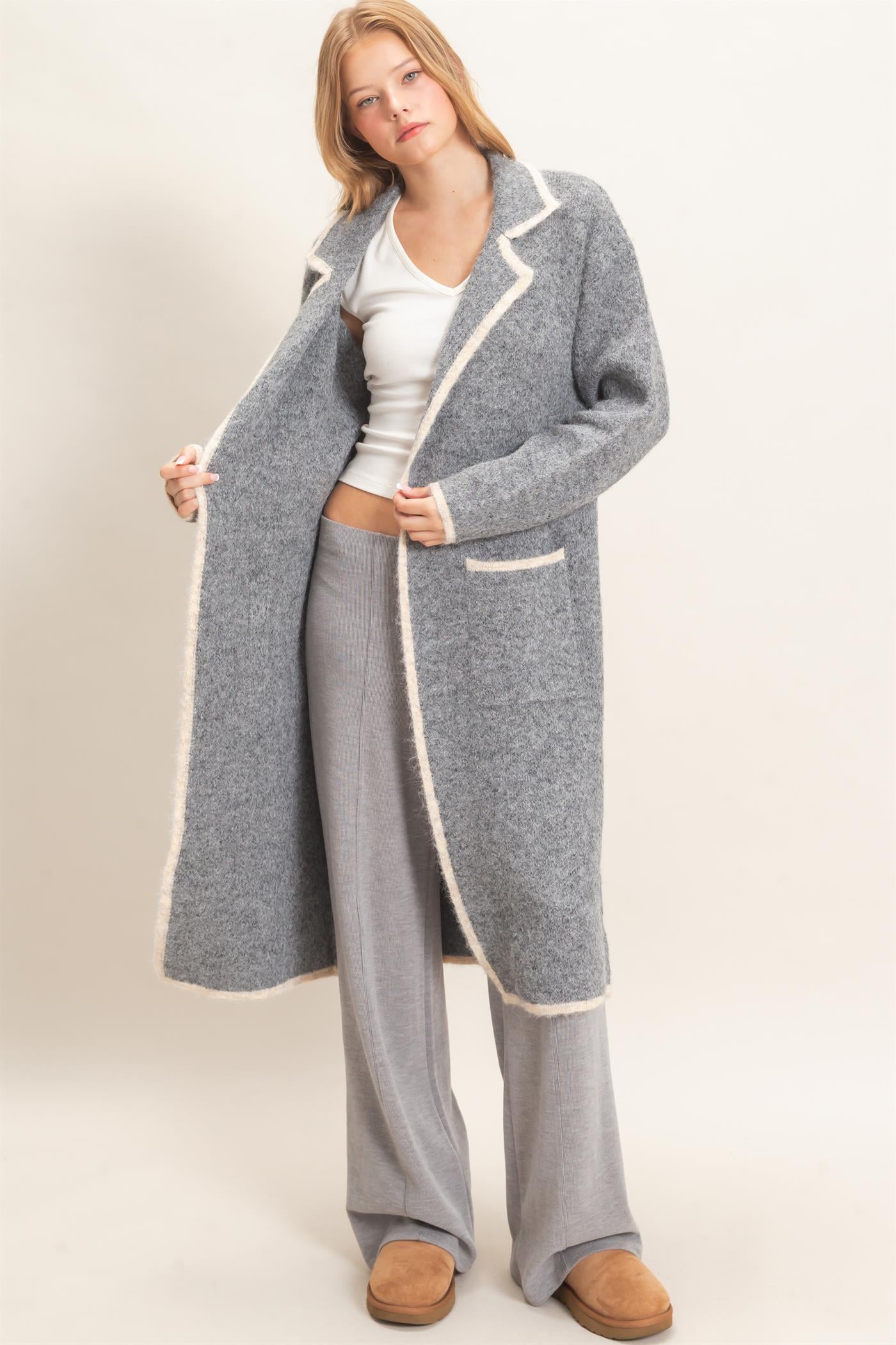 Wholesale Notched Collar Coatigan Sweater Cardigans HF26E695 GRAY HYFVE