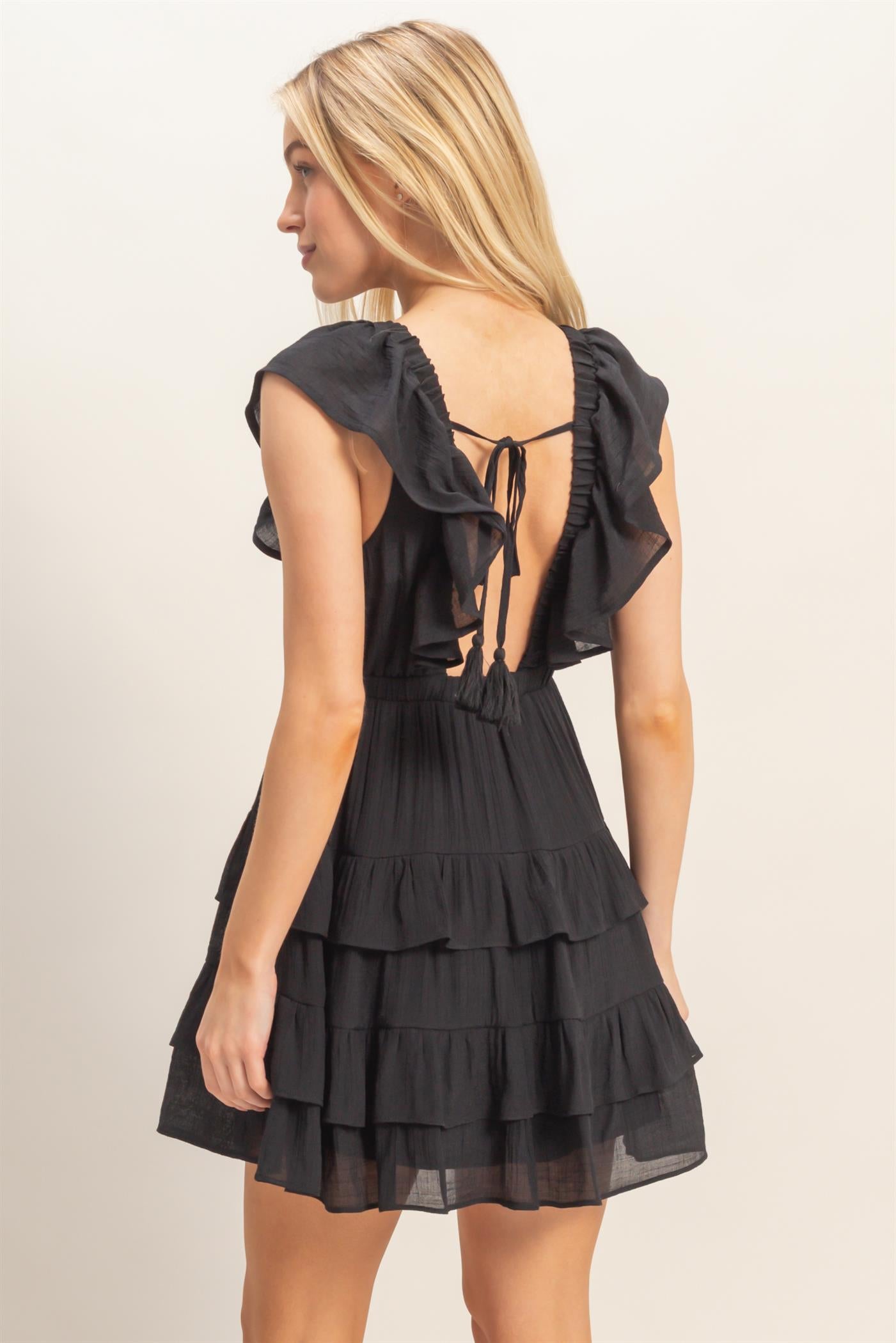 Wholesale Ruffle V-Neck Tiered Mini Dress Dresses HF26C283-D BLACK DOUBLE ZERO