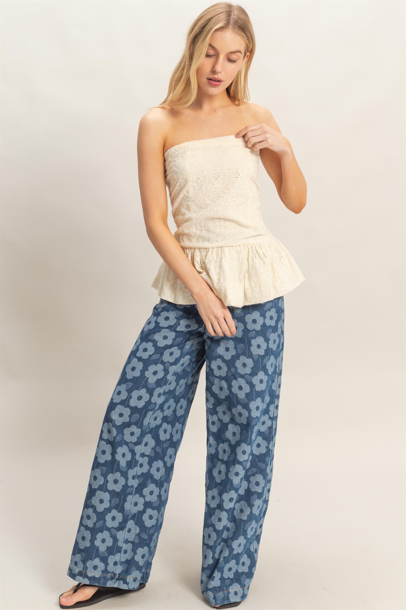 Wholesale Floral Eyelet Tube Top Clothing Tops HF26A213 CREAM HYFVE