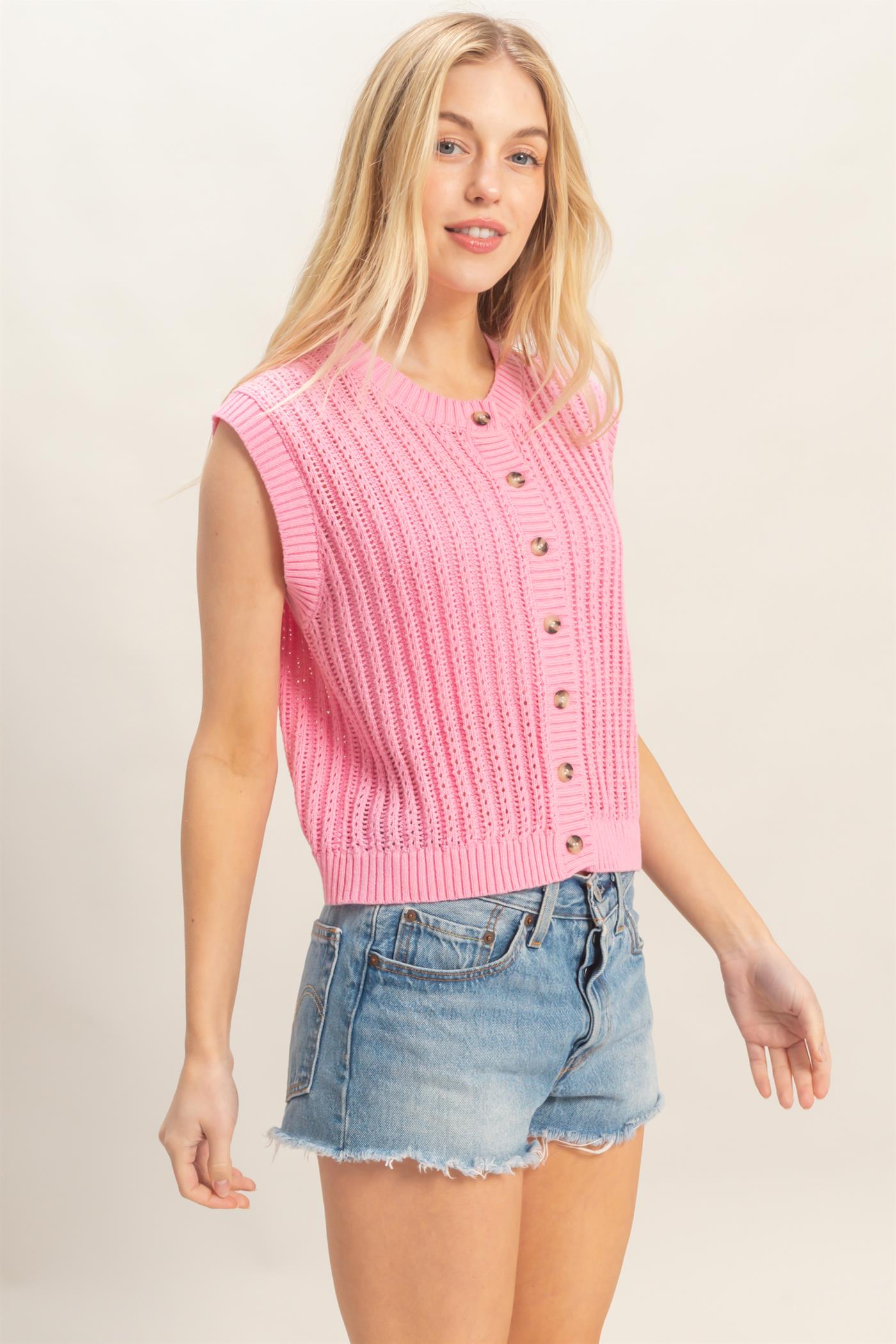 Wholesale Sleeveless Ribbed Button Top Sweaters HF26A356 PINK HYFVE