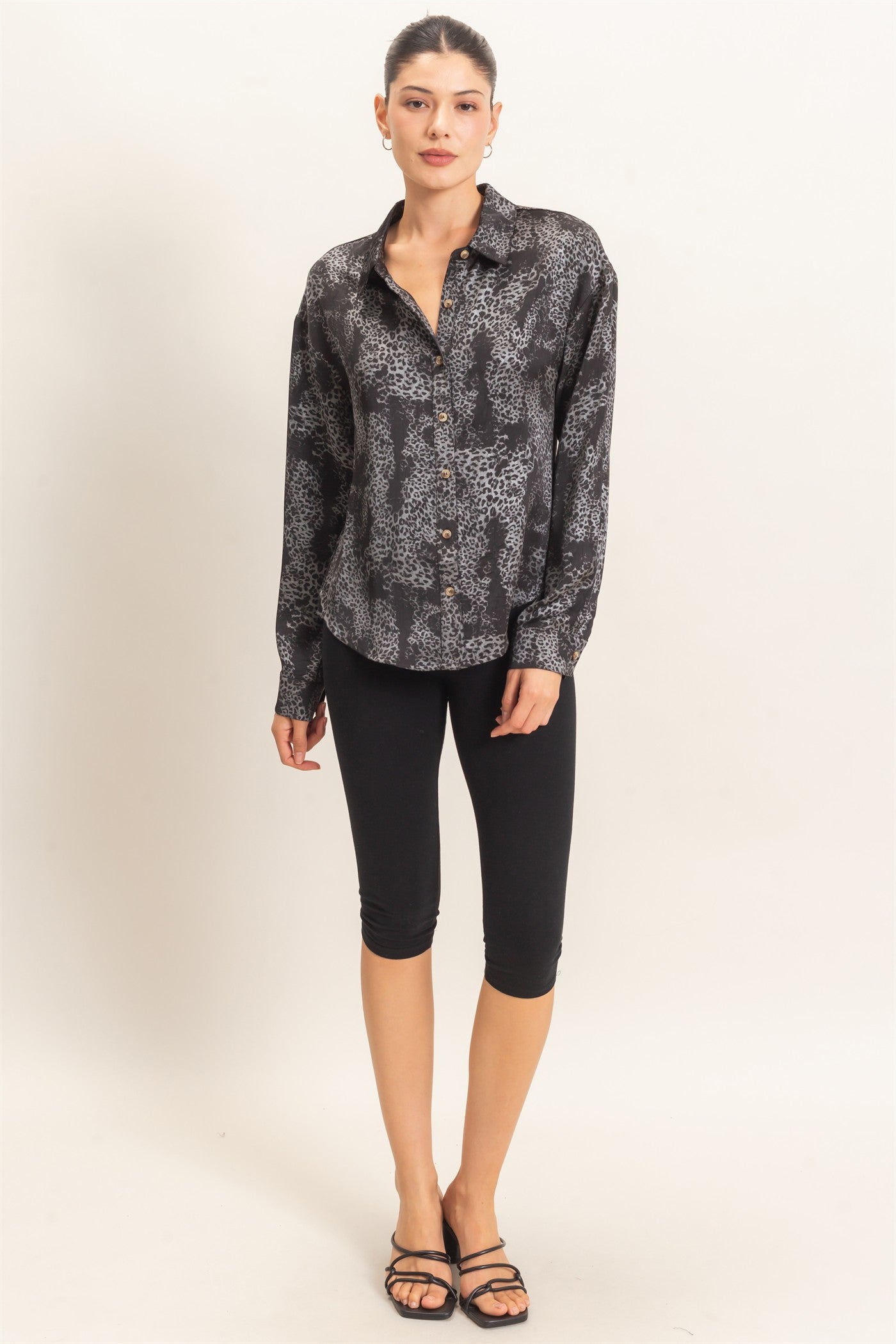 Wholesale Leopard Satin Button-Up Shirt Clothing Tops HF26E159 BLACK HYFVE