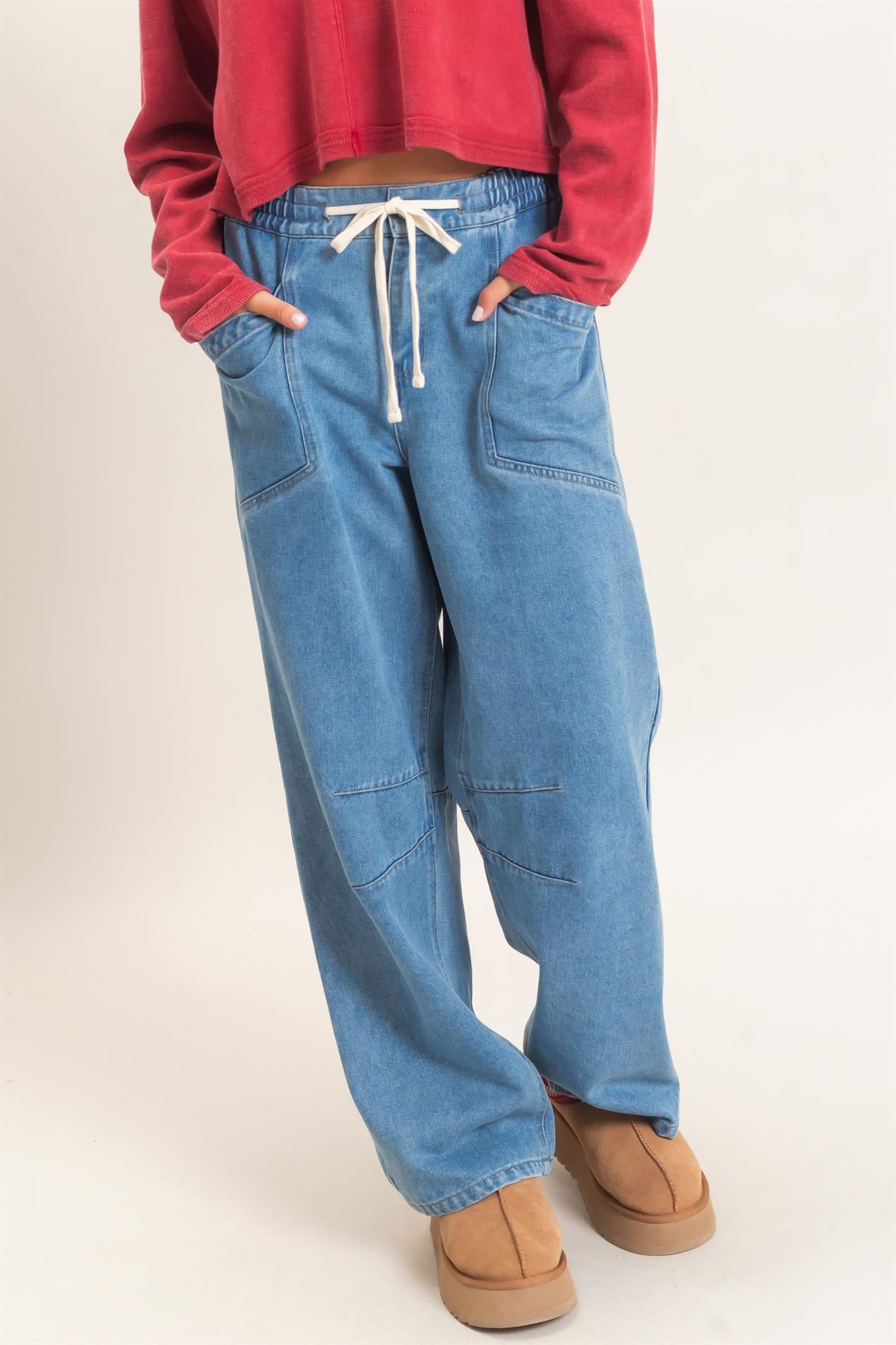 Wholesale Elastic Waist Denim Pants Pants DZ26F306 MEDIUM BLUE DOUBLE ZERO